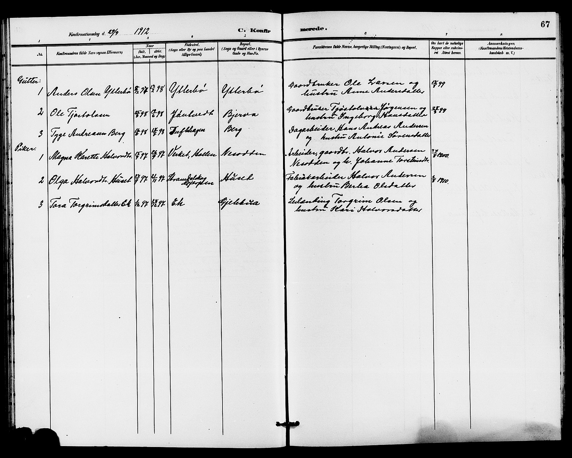 Holla kirkebøker, AV/SAKO-A-272/G/Gb/L0002: Klokkerbok nr. II 2, 1897-1913, s. 67