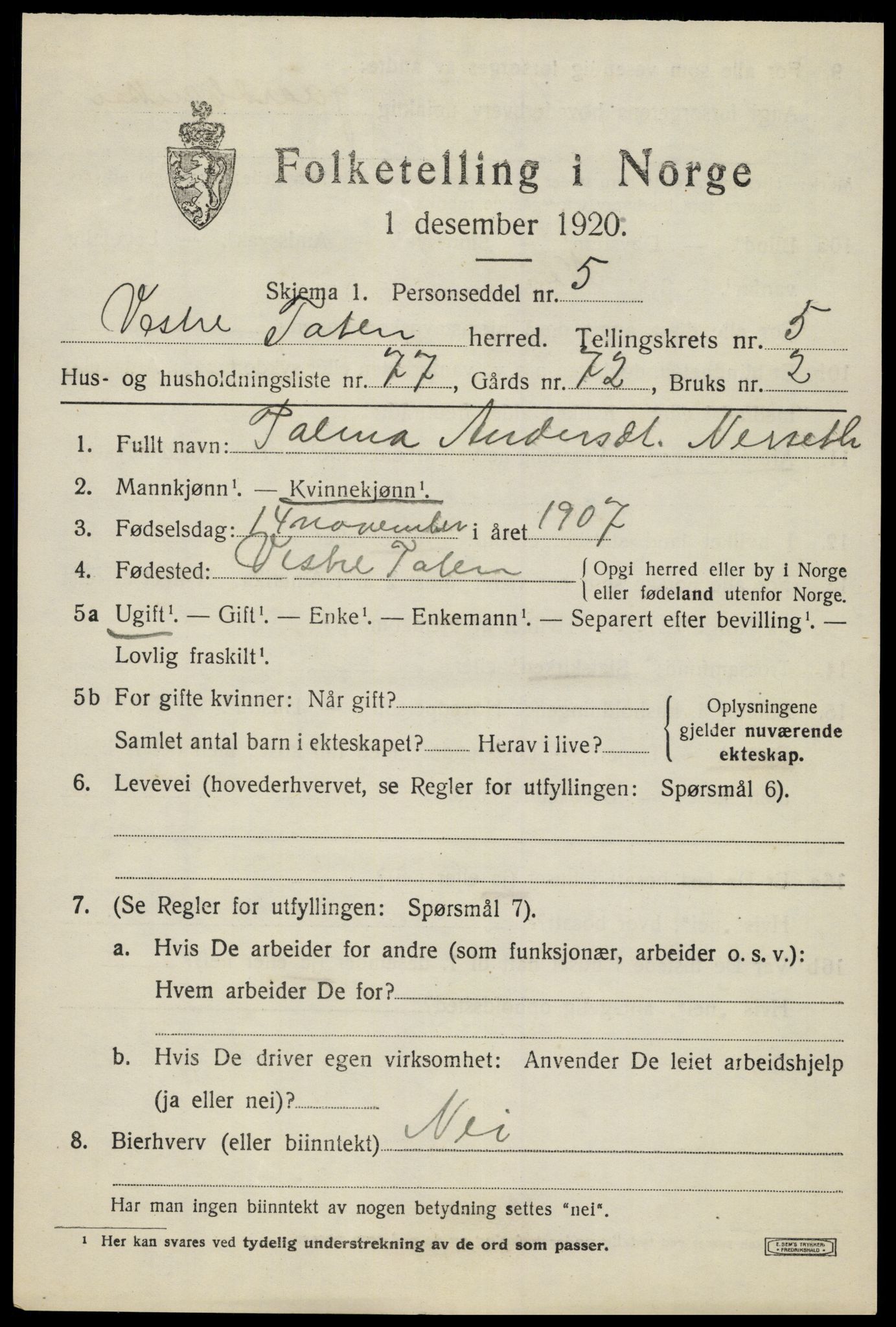 SAH, Folketelling 1920 for 0529 Vestre Toten herred, 1920, s. 8178
