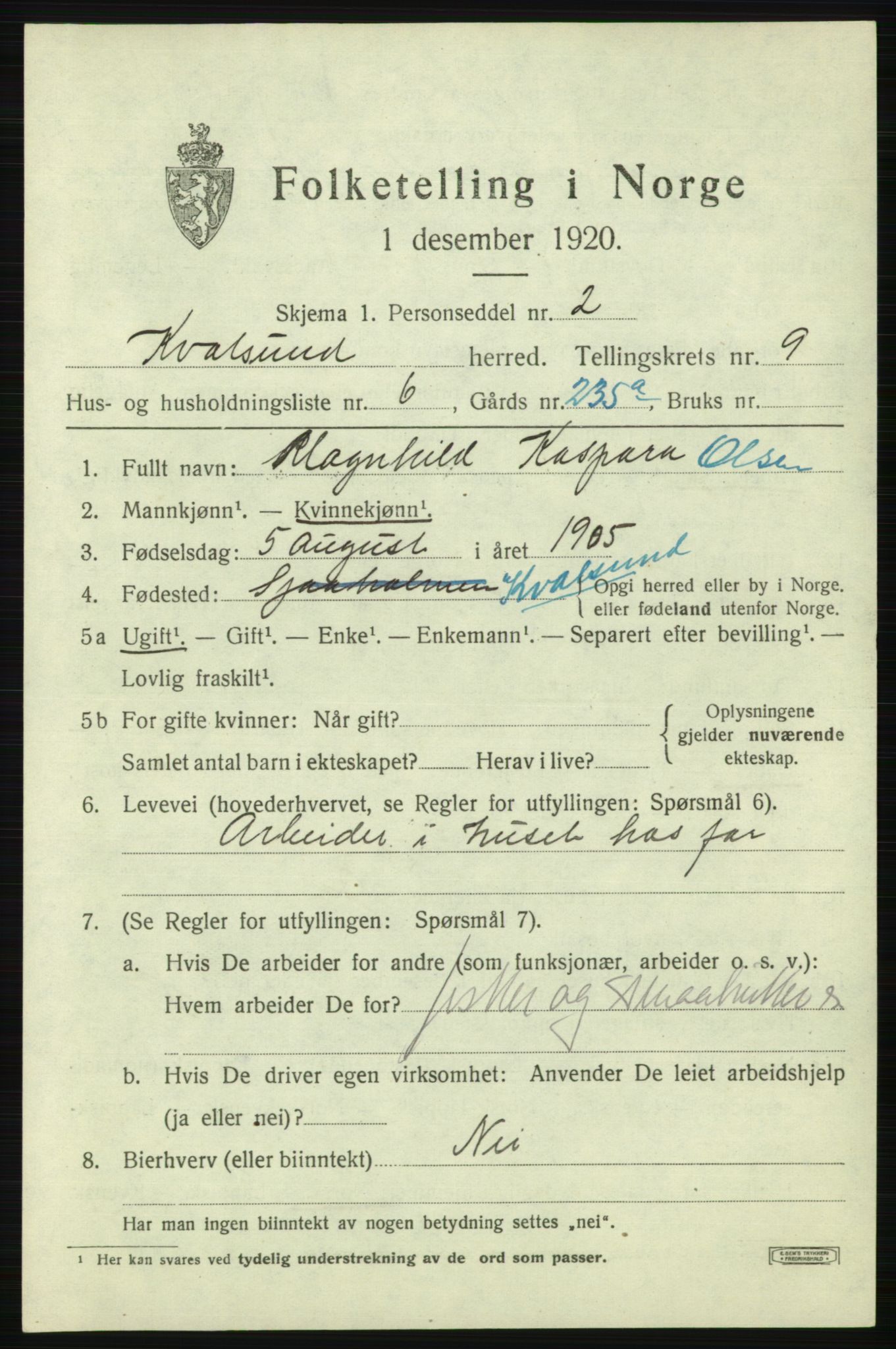SATØ, Folketelling 1920 for 2017 Kvalsund herred, 1920, s. 2832
