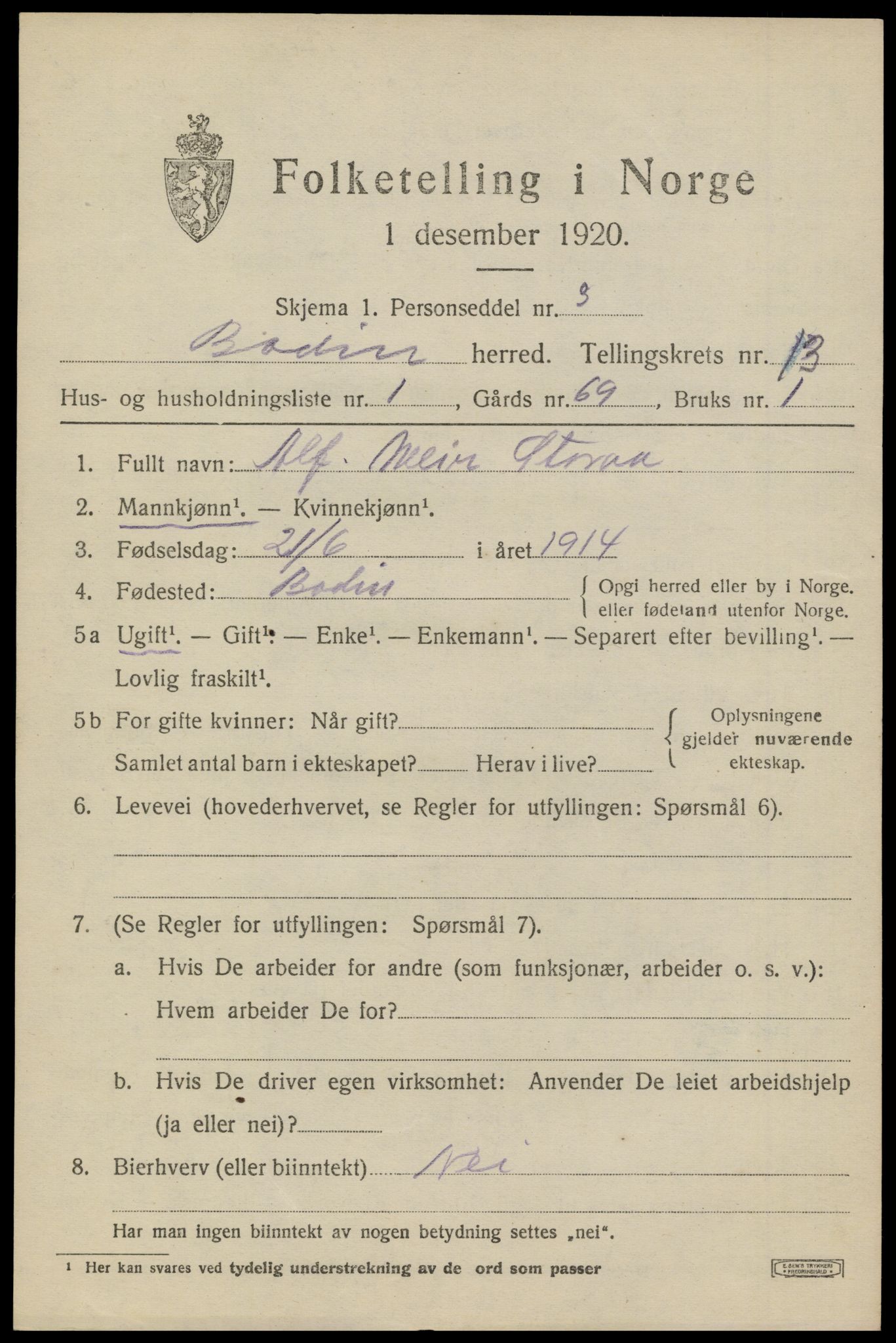 SAT, Folketelling 1920 for 1843 Bodin herred, 1920, s. 9320