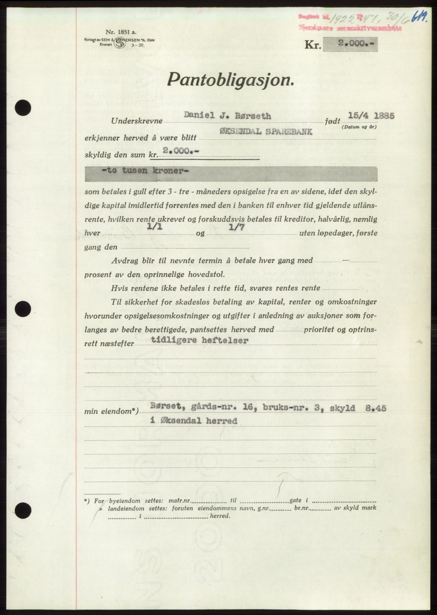 Nordmøre sorenskriveri, AV/SAT-A-4132/1/2/2Ca: Pantebok nr. B96, 1947-1947, Dagboknr: 1422/1947