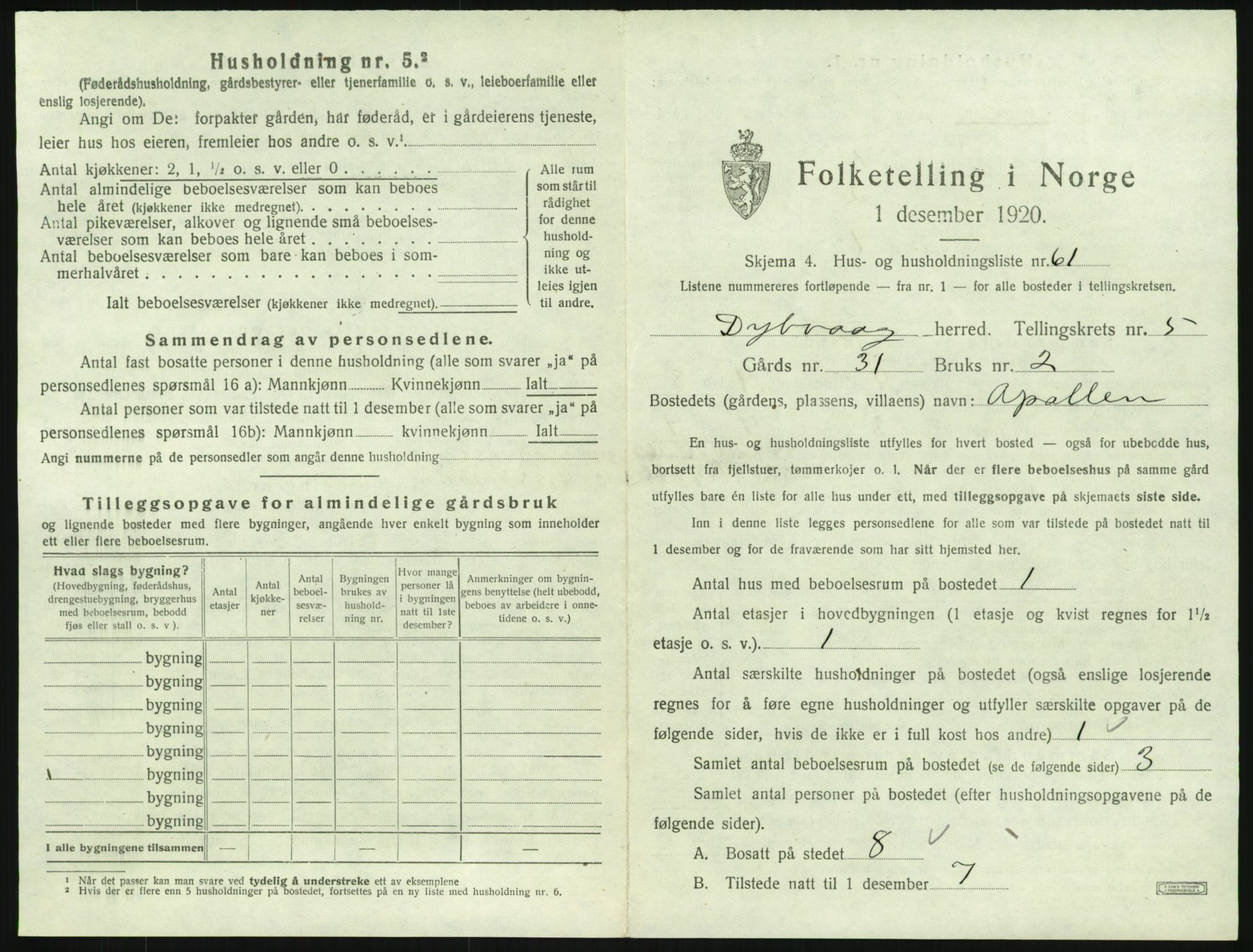 SAK, Folketelling 1920 for 0915 Dypvåg herred, 1920, s. 893