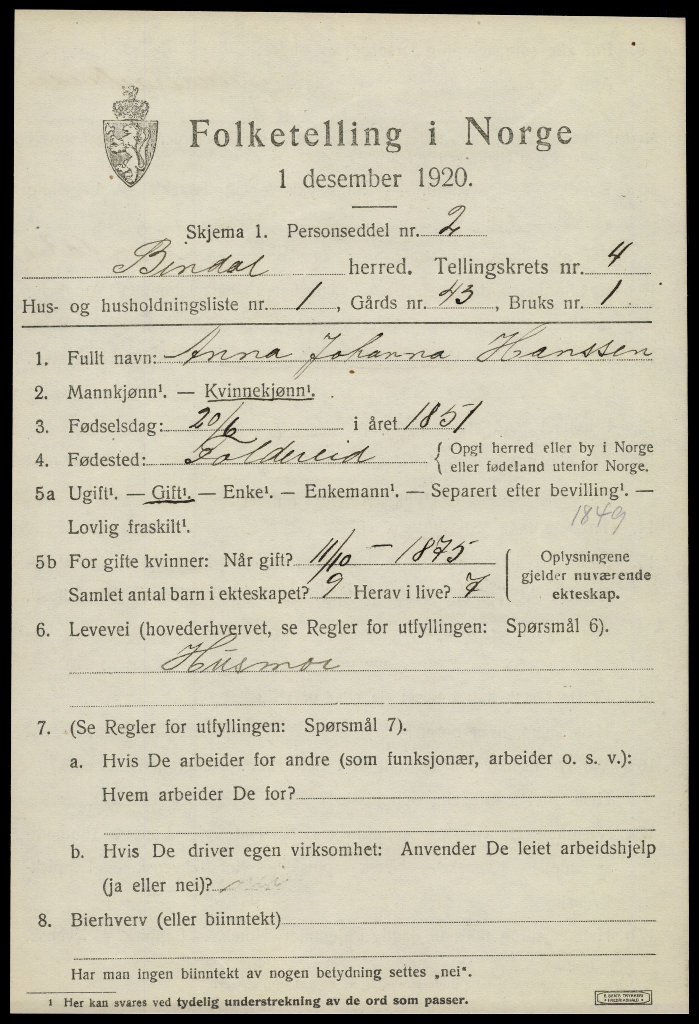 SAT, Folketelling 1920 for 1811 Bindal herred, 1920, s. 3313
