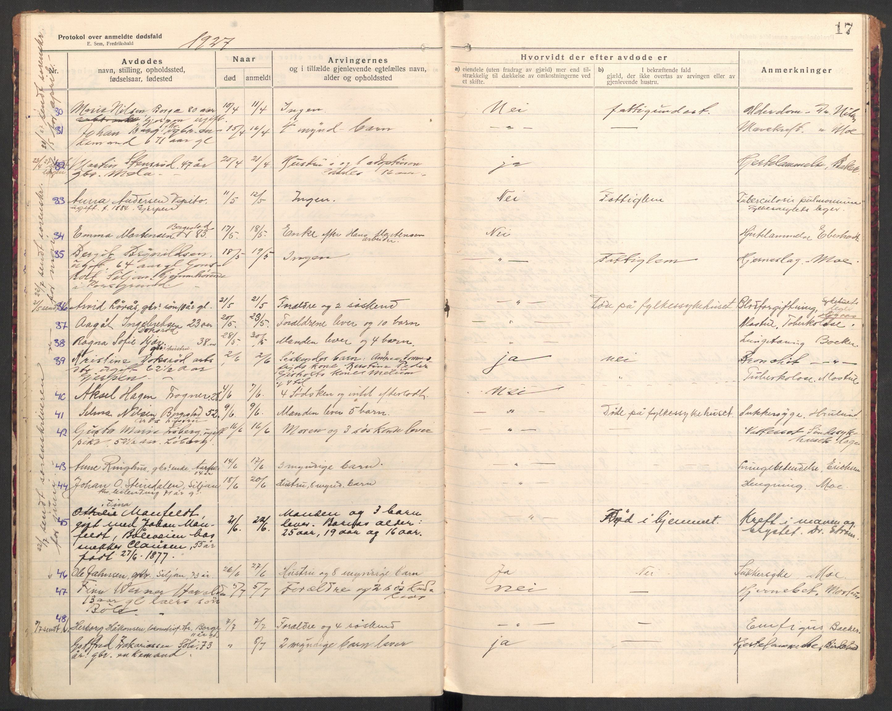 Gjerpen og Siljan lensmannskontor, AV/SAKO-A-555/H/Ha/L0003: Dødsfallsprotokoll, 1922-1931, s. 17
