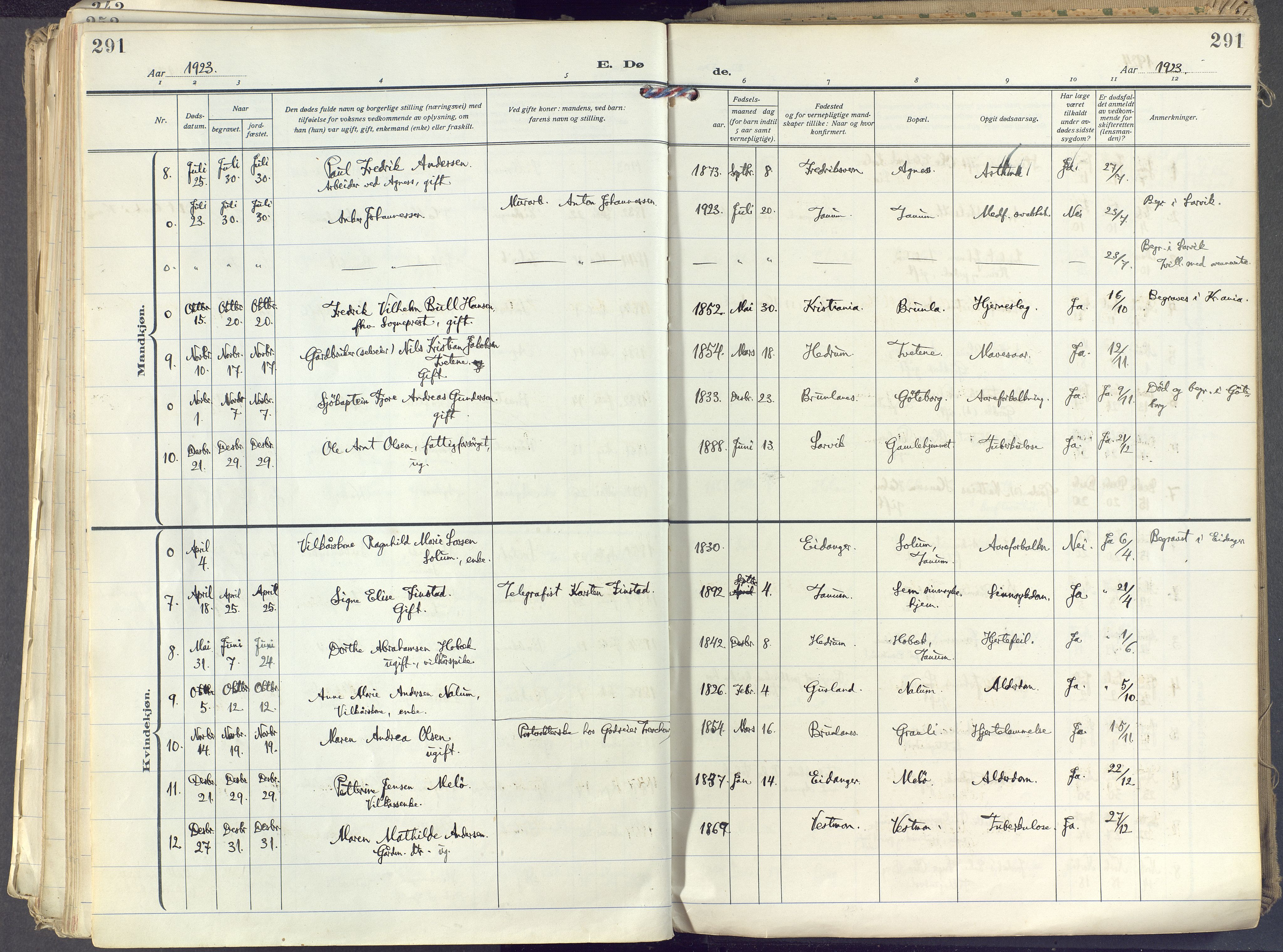 Brunlanes kirkebøker, SAKO/A-342/F/Fc/L0004: Ministerialbok nr. III 4, 1923-1943, s. 291