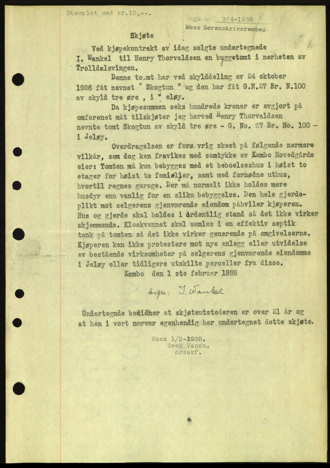 Moss sorenskriveri, SAO/A-10168: Pantebok nr. A4, 1938-1938, Dagboknr: 364/1938