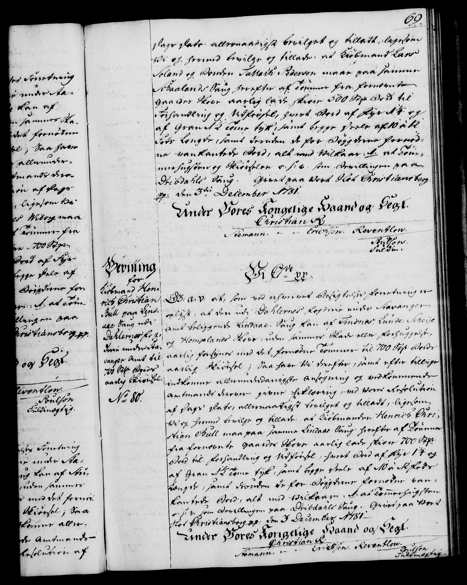 Rentekammeret, Kammerkanselliet, RA/EA-3111/G/Gg/Gga/L0012: Norsk ekspedisjonsprotokoll med register (merket RK 53.12), 1781-1783, s. 69