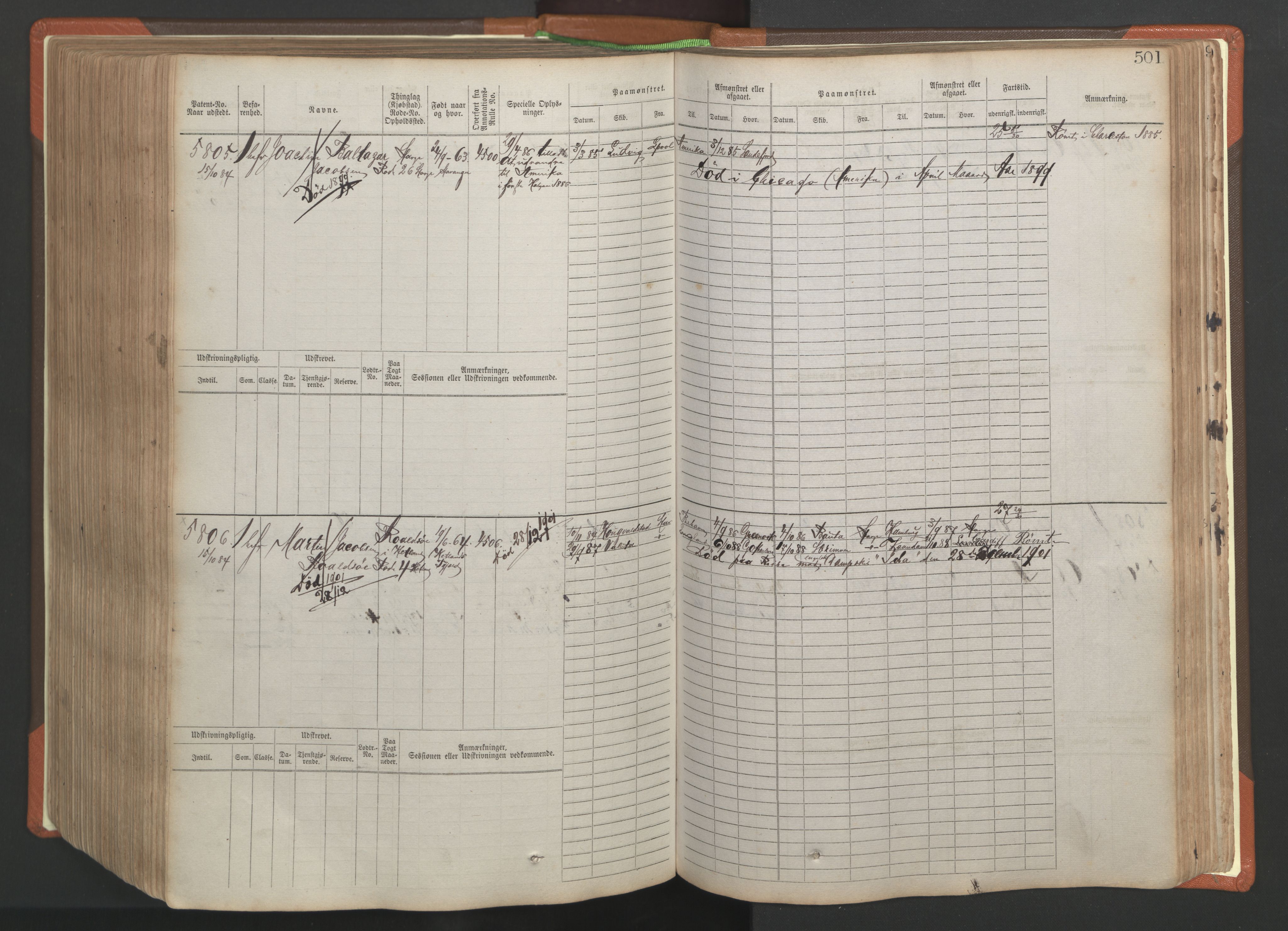 Stavanger sjømannskontor, AV/SAST-A-102006/F/Fb/Fbb/L0009: Sjøfartshovedrulle, patentnr. 4805-6006, 1879-1887, s. 507