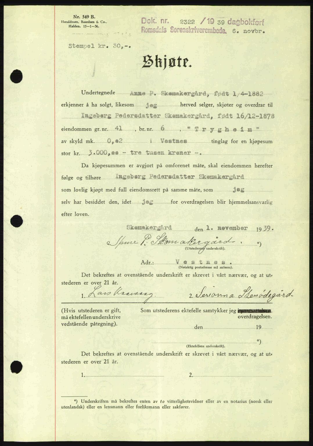 Romsdal sorenskriveri, AV/SAT-A-4149/1/2/2C: Pantebok nr. A7, 1939-1939, Dagboknr: 2322/1939