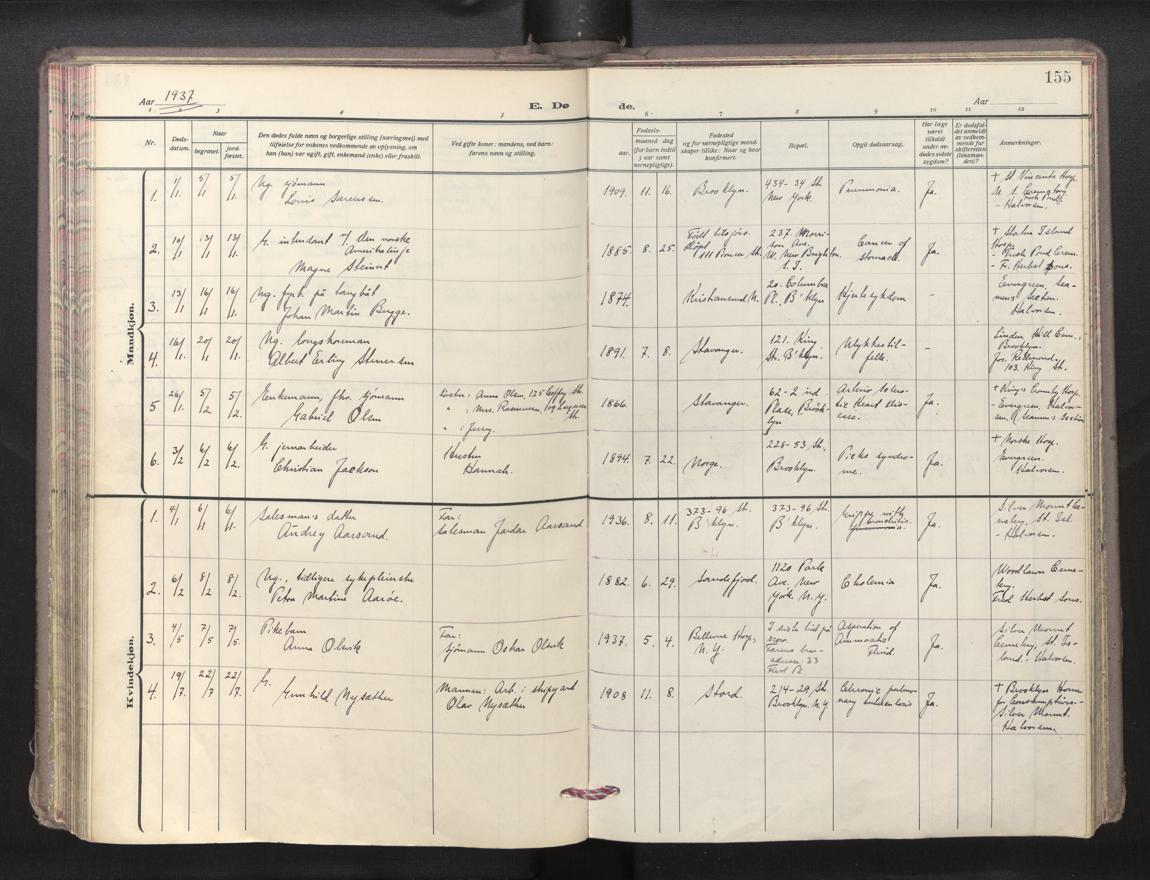 Den norske sjømannsmisjon i utlandet/New York, AV/SAB-SAB/PA-0110/H/Ha/L0009: Ministerialbok nr. A 9, 1935-1945, s. 154b-155a