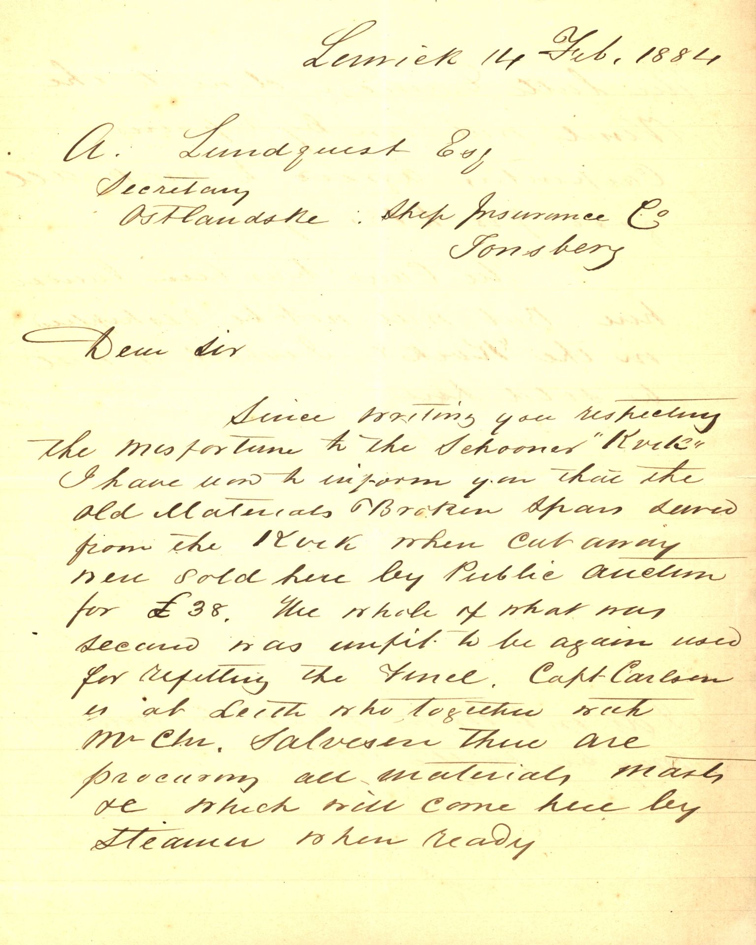 Pa 63 - Østlandske skibsassuranceforening, VEMU/A-1079/G/Ga/L0017/0009: Havaridokumenter / Agnese, Agnes, Adelphia, Kvik, Varnæs, 1884, s. 74