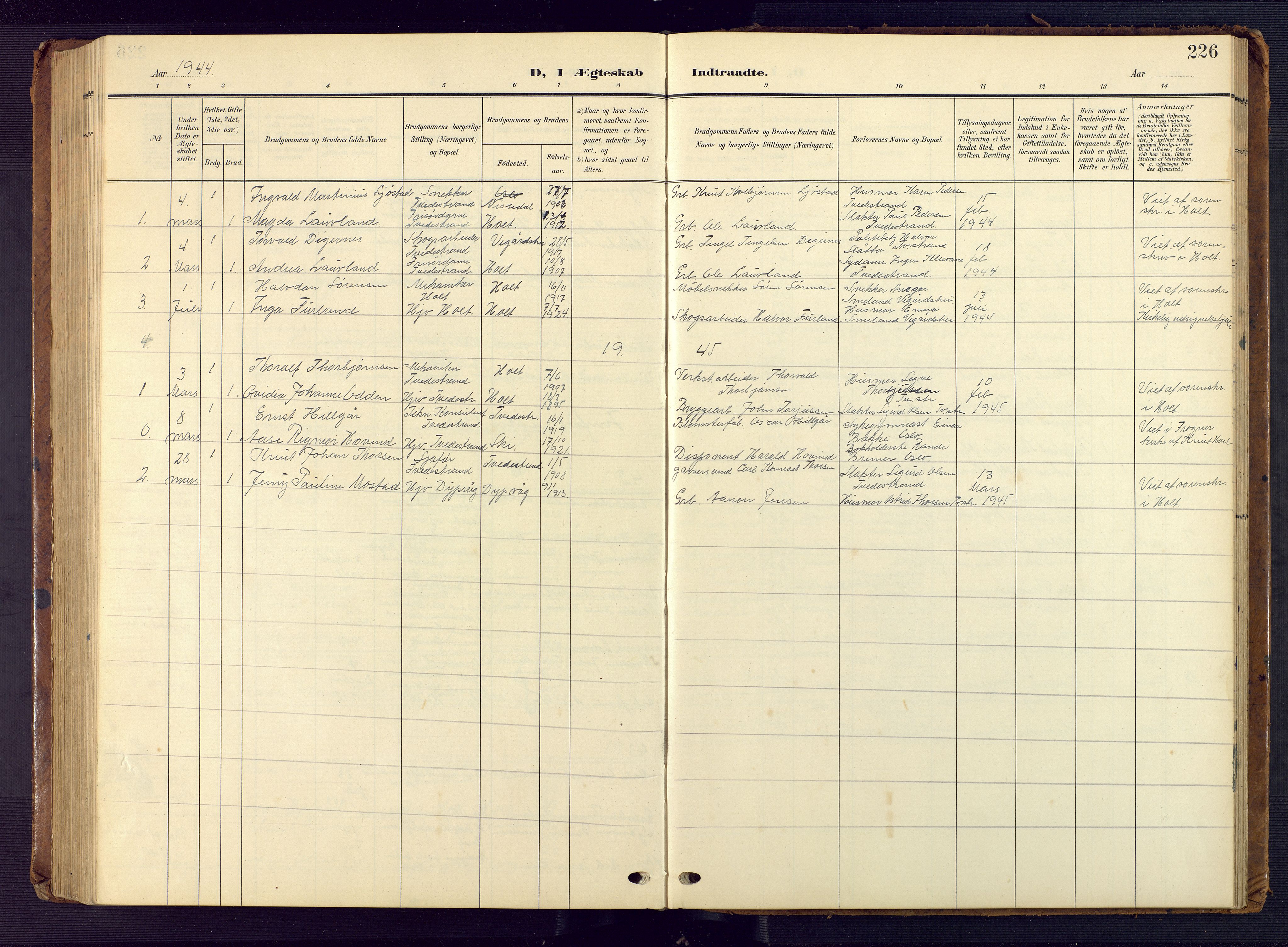 Tvedestrand sokneprestkontor, SAK/1111-0042/F/Fb/L0001: Klokkerbok nr. B 1, 1902-1956, s. 226