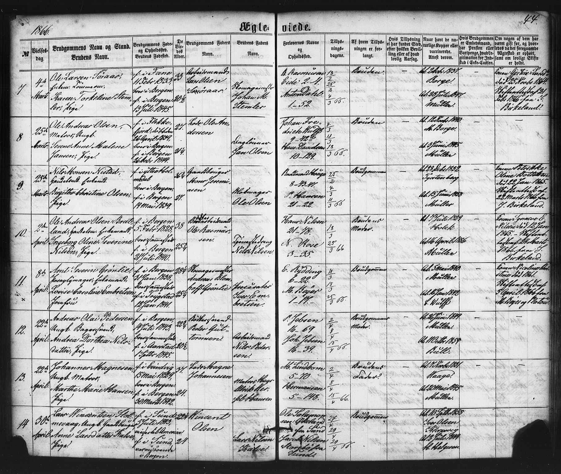 Nykirken Sokneprestembete, AV/SAB-A-77101/H/Haa/L0032: Ministerialbok nr. D 2, 1861-1883, s. 44