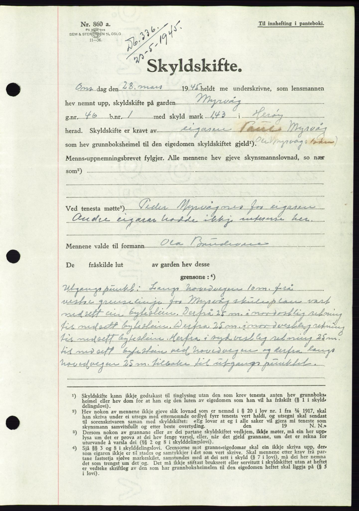 Søre Sunnmøre sorenskriveri, AV/SAT-A-4122/1/2/2C/L0077: Pantebok nr. 3A, 1945-1946, Dagboknr: 336/1945