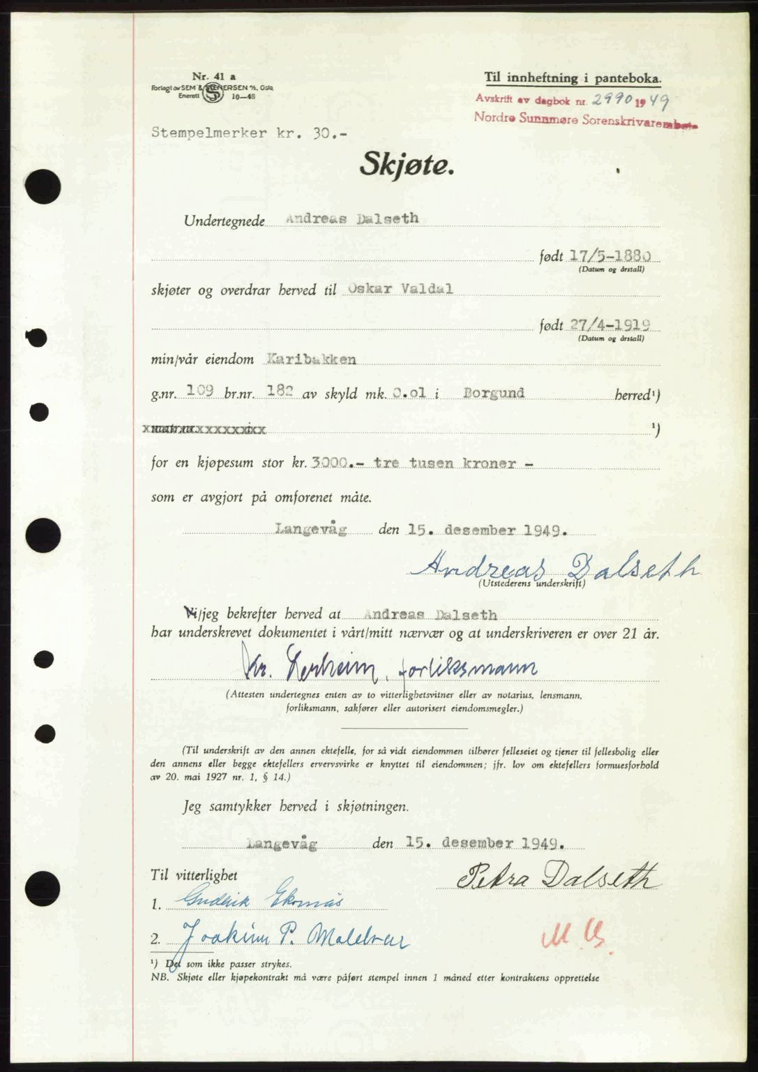 Nordre Sunnmøre sorenskriveri, SAT/A-0006/1/2/2C/2Ca: Pantebok nr. A33, 1949-1950, Dagboknr: 2990/1949