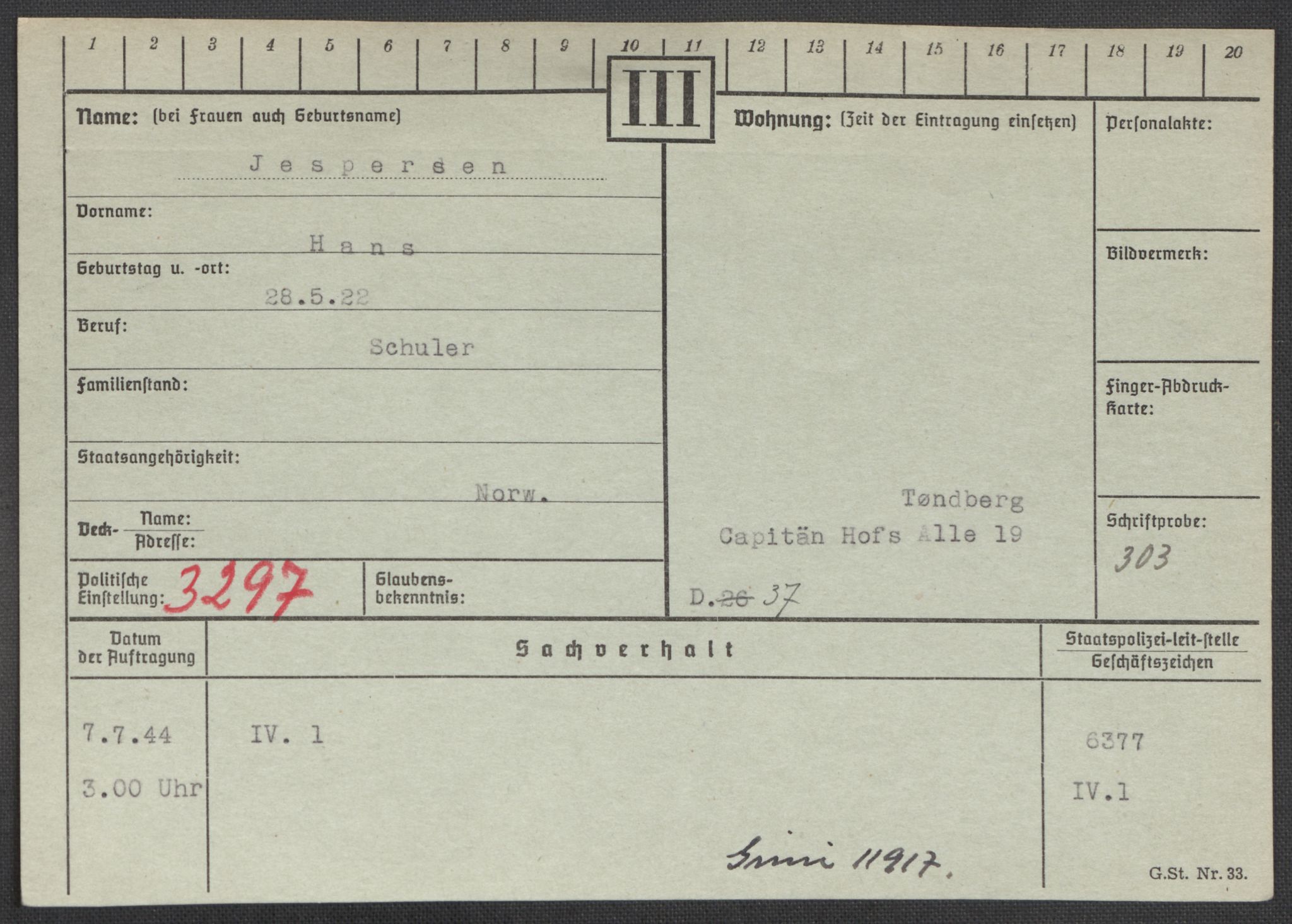 Befehlshaber der Sicherheitspolizei und des SD, RA/RAFA-5969/E/Ea/Eaa/L0005: Register over norske fanger i Møllergata 19: Hø-Kj, 1940-1945, s. 583