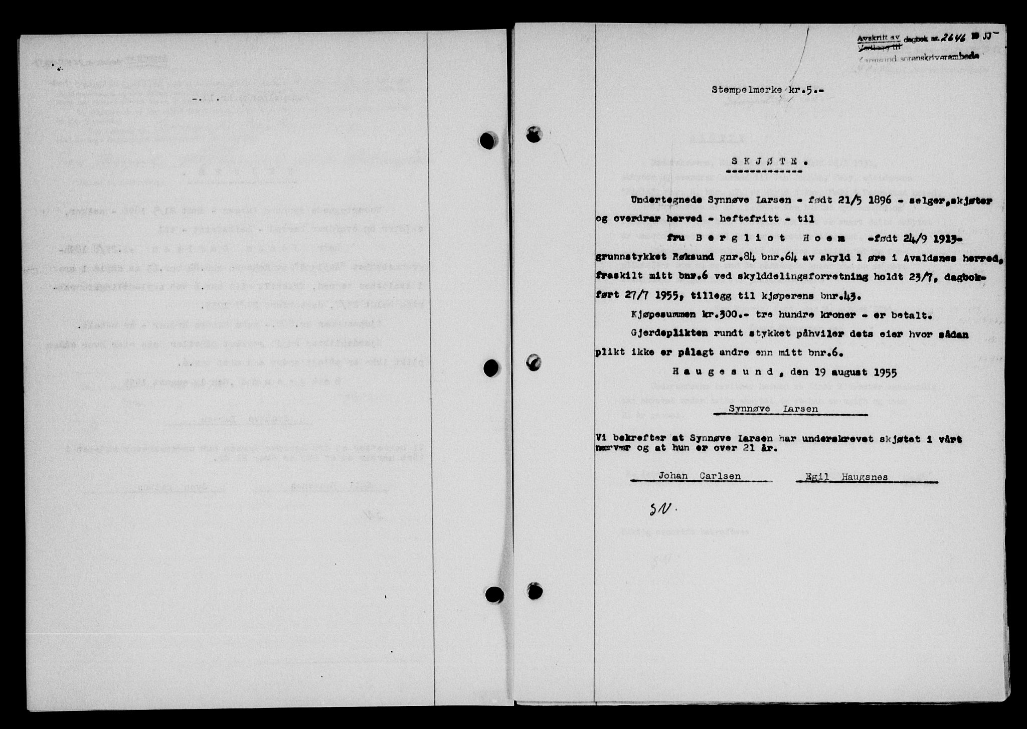 Karmsund sorenskriveri, SAST/A-100311/01/II/IIB/L0116: Pantebok nr. 96A, 1955-1955, Dagboknr: 2646/1955