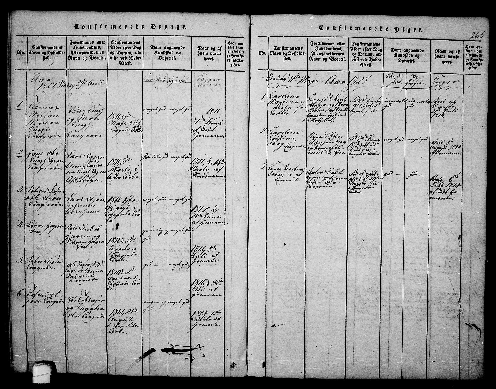 Kragerø kirkebøker, AV/SAKO-A-278/F/Fa/L0004: Ministerialbok nr. 4, 1814-1831, s. 265