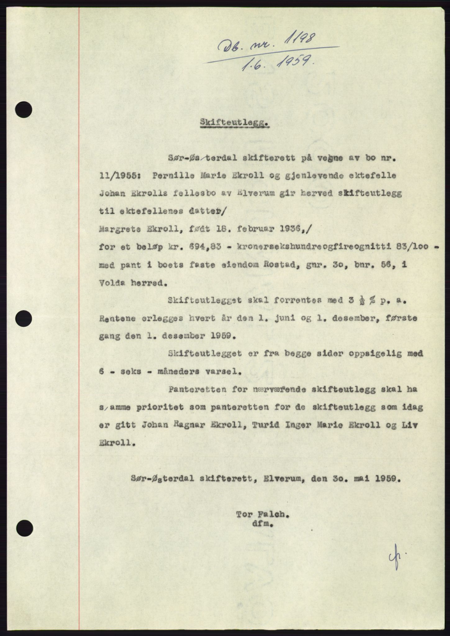 Søre Sunnmøre sorenskriveri, SAT/A-4122/1/2/2C/L0112: Pantebok nr. 38A, 1959-1959, Dagboknr: 1198/1959
