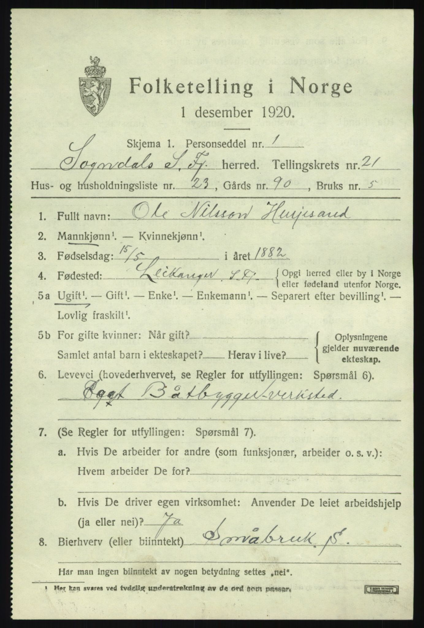 SAB, Folketelling 1920 for 1420 Sogndal herred, 1920, s. 7937