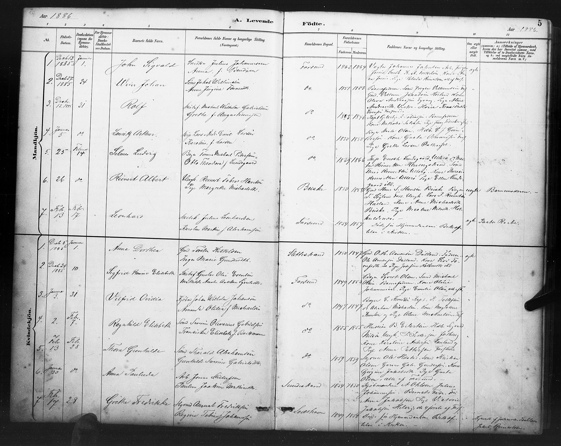 Farsund sokneprestkontor, AV/SAK-1111-0009/F/Fb/L0001: Klokkerbok nr. B 1, 1886-1931, s. 5