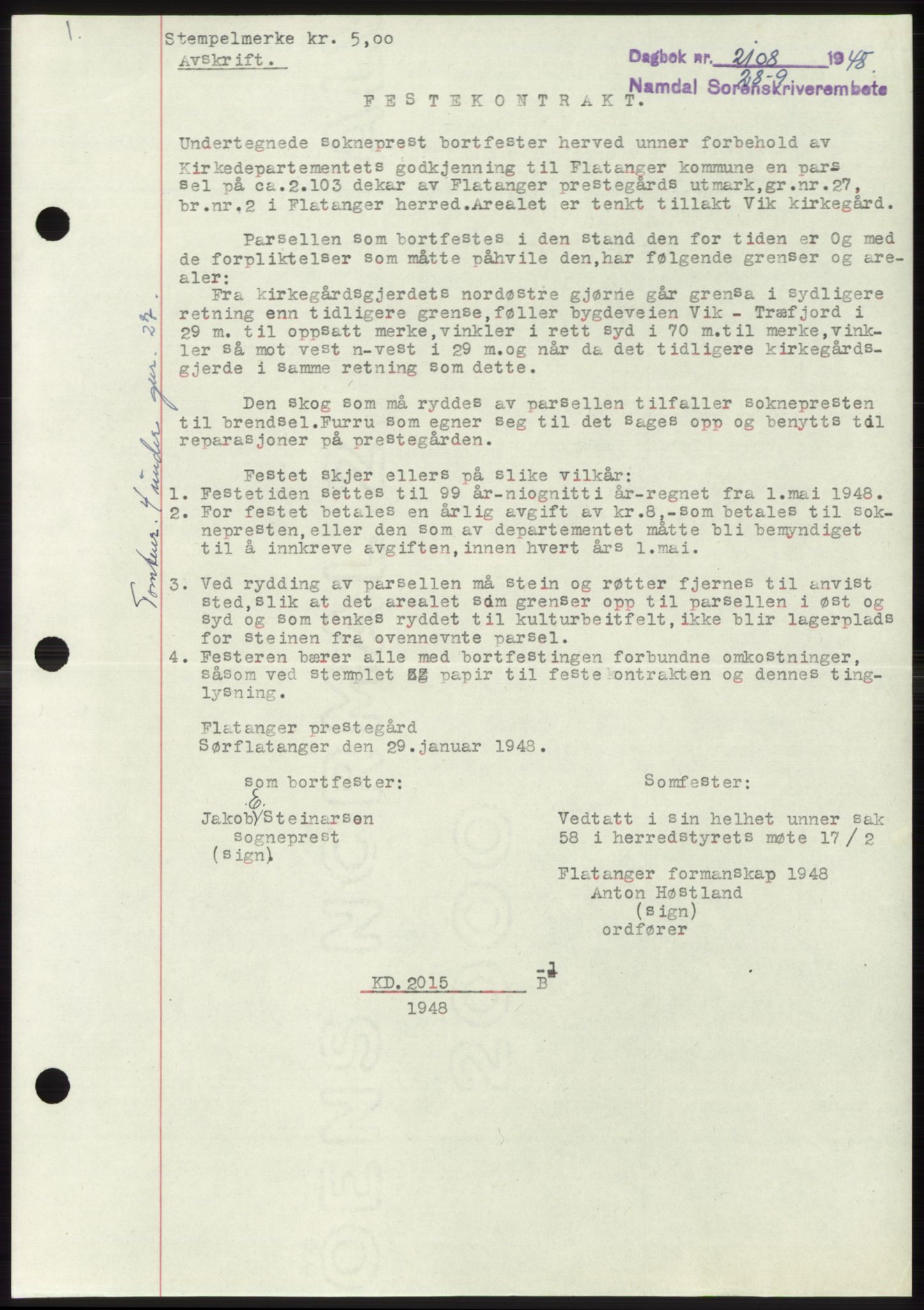 Namdal sorenskriveri, SAT/A-4133/1/2/2C: Pantebok nr. -, 1948-1948, Dagboknr: 2108/1948