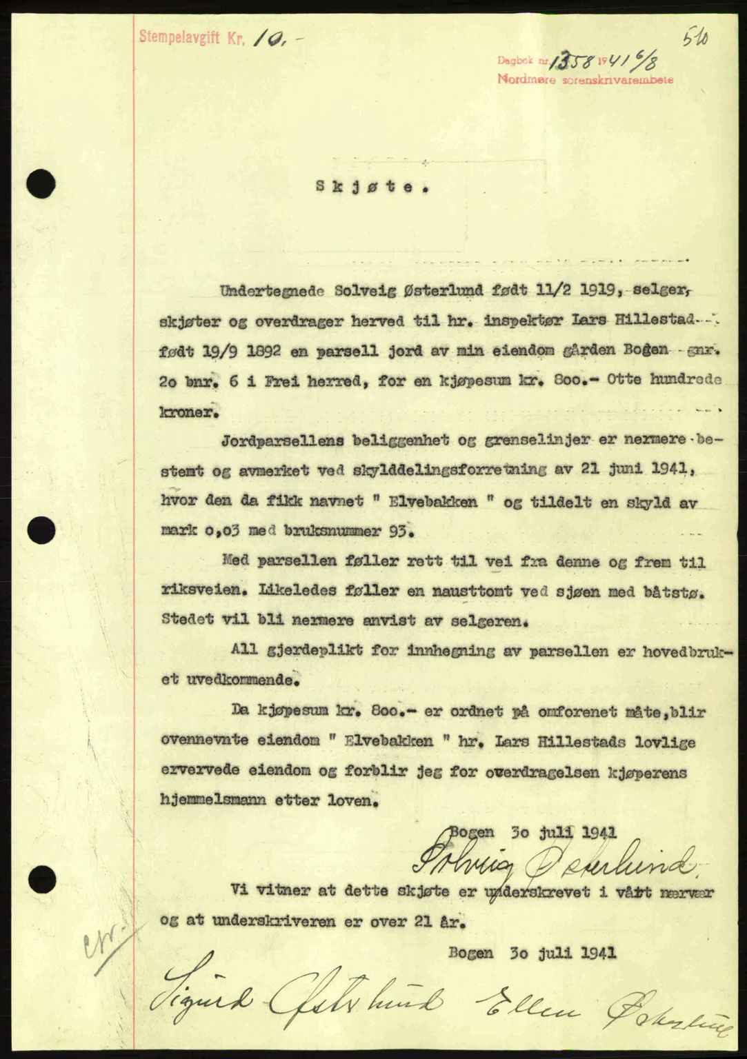 Nordmøre sorenskriveri, SAT/A-4132/1/2/2Ca: Pantebok nr. A90, 1941-1941, Dagboknr: 1358/1941