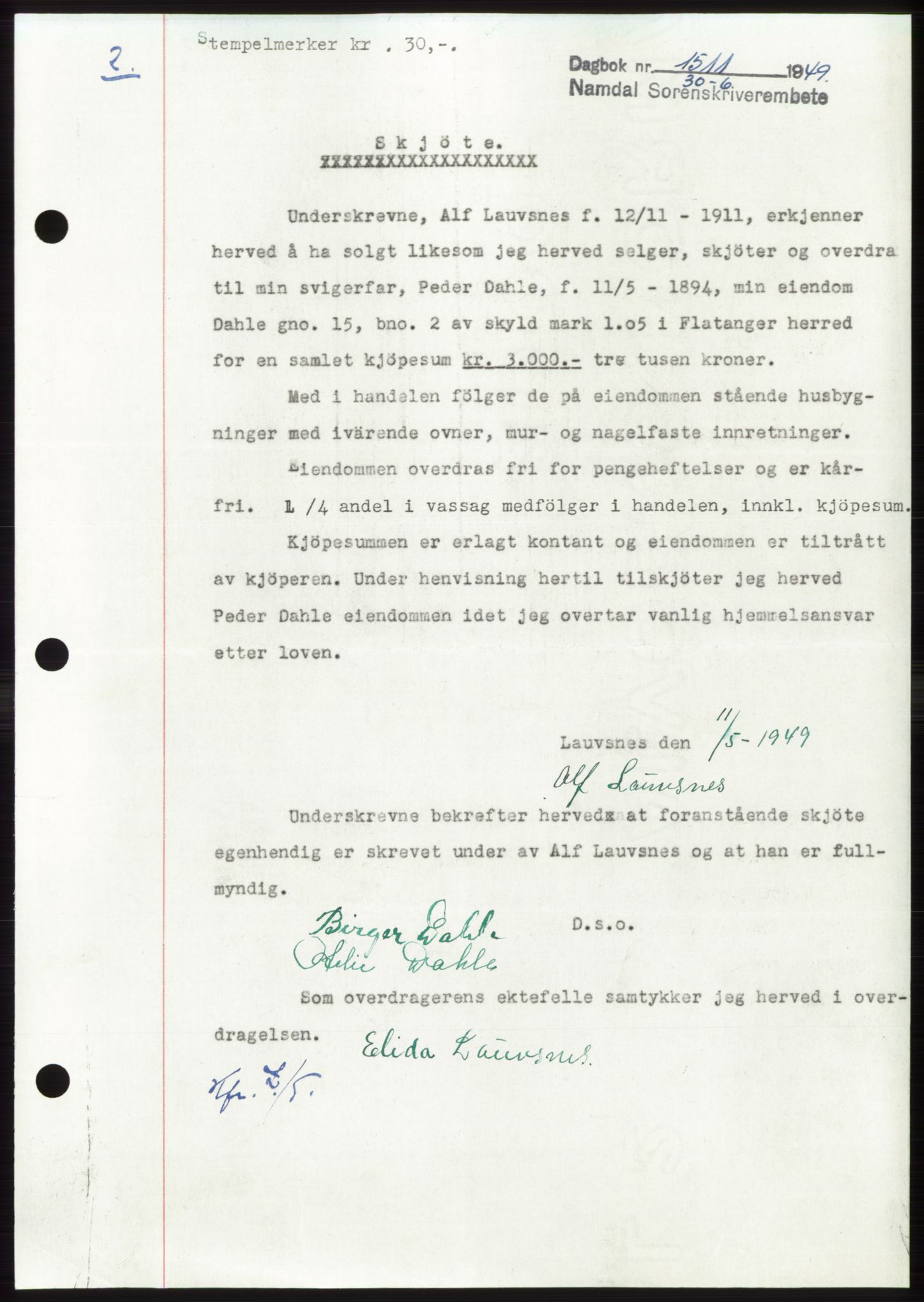 Namdal sorenskriveri, SAT/A-4133/1/2/2C: Pantebok nr. -, 1949-1949, Dagboknr: 1511/1949