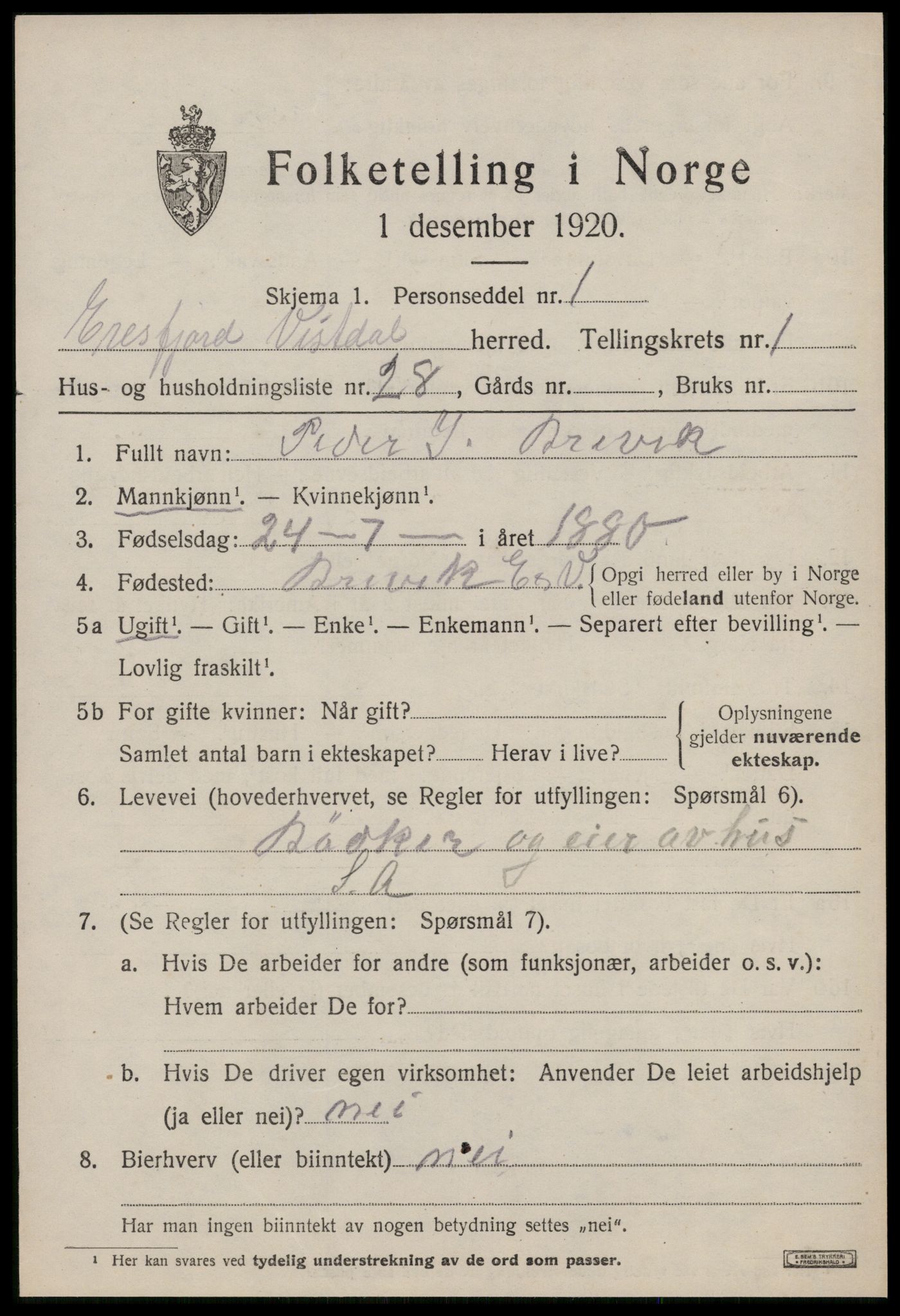 SAT, Folketelling 1920 for 1542 Eresfjord og Vistdal herred, 1920, s. 923