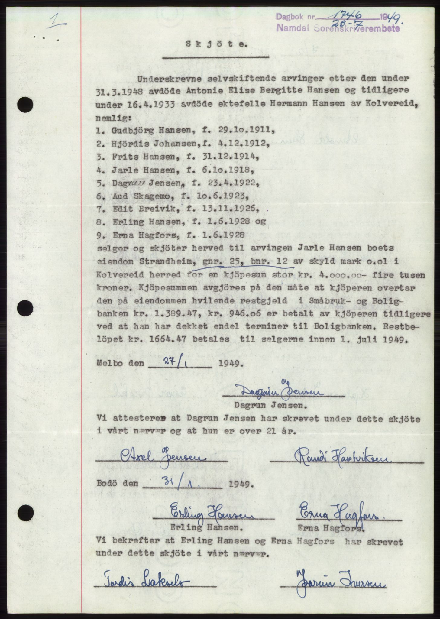Namdal sorenskriveri, SAT/A-4133/1/2/2C: Pantebok nr. -, 1949-1949, Dagboknr: 1746/1949