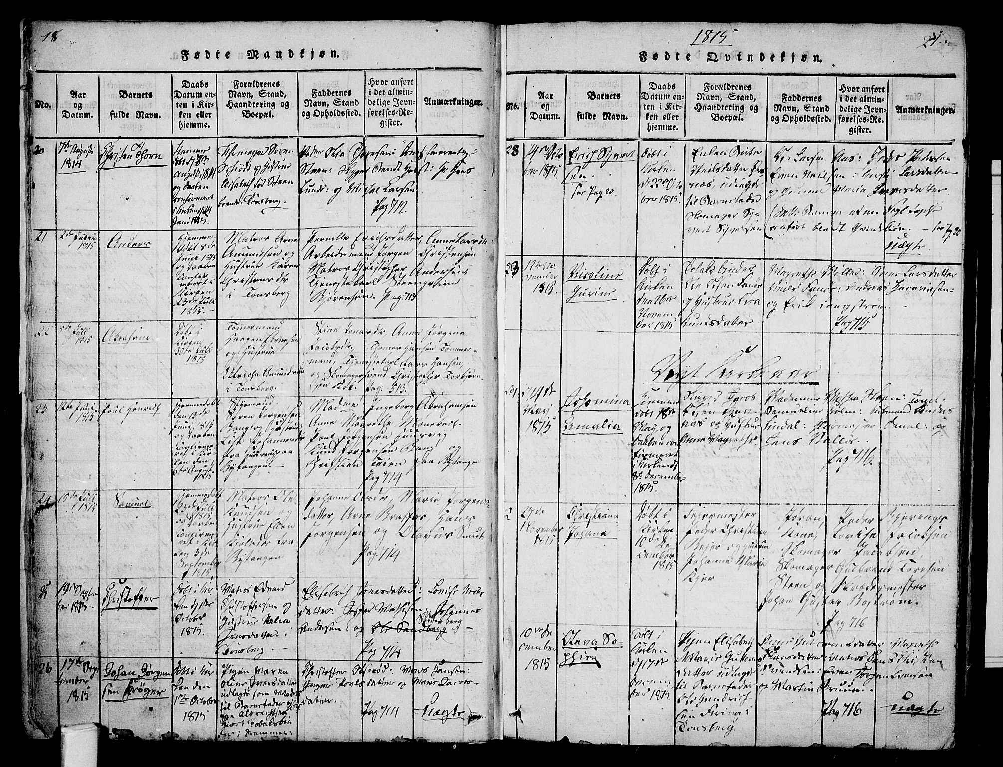 Tønsberg kirkebøker, AV/SAKO-A-330/F/Fa/L0004: Ministerialbok nr. I 4, 1813-1826, s. 20-21