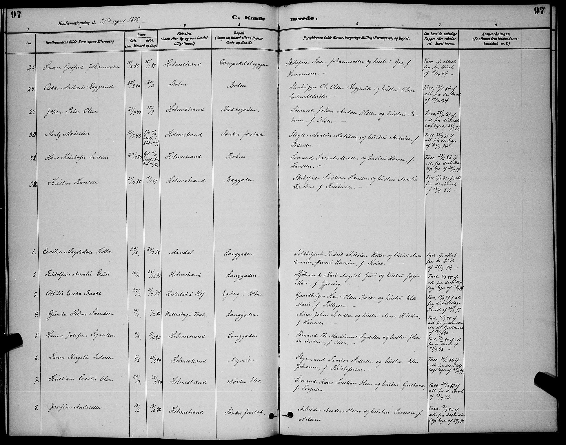 Holmestrand kirkebøker, AV/SAKO-A-346/G/Ga/L0005: Klokkerbok nr. 5, 1889-1901, s. 97