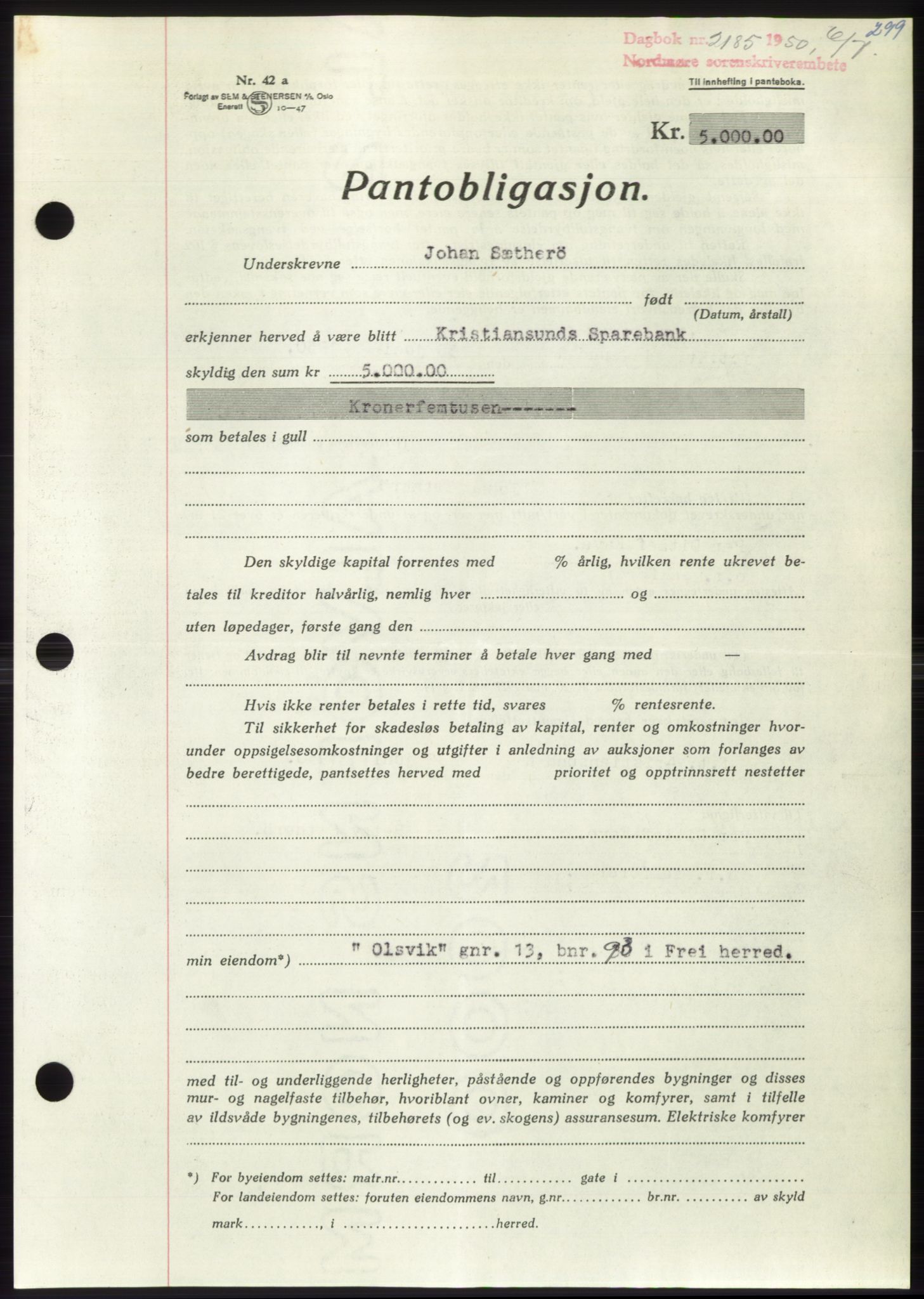 Nordmøre sorenskriveri, AV/SAT-A-4132/1/2/2Ca: Pantebok nr. B105, 1950-1950, Dagboknr: 2185/1950