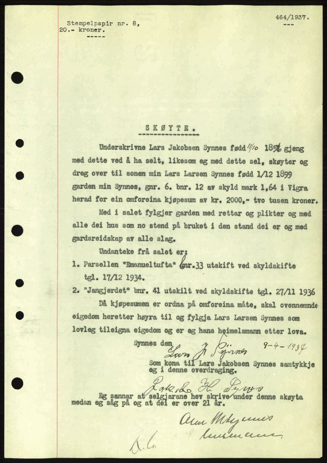 Nordre Sunnmøre sorenskriveri, SAT/A-0006/1/2/2C/2Ca: Pantebok nr. A2, 1936-1937, Dagboknr: 464/1937
