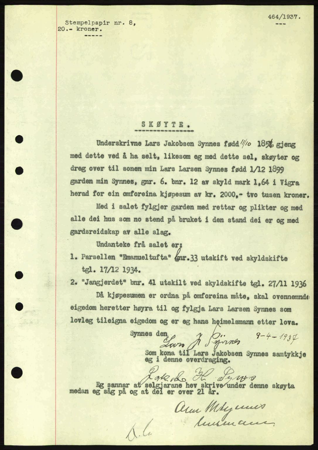 Nordre Sunnmøre sorenskriveri, AV/SAT-A-0006/1/2/2C/2Ca: Pantebok nr. A2, 1936-1937, Dagboknr: 464/1937