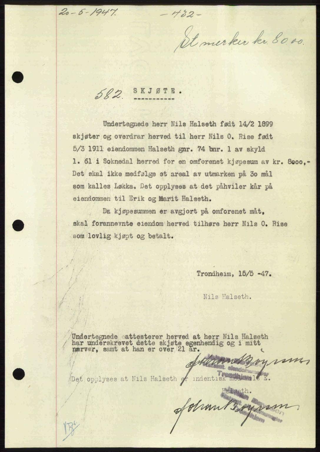 Gauldal sorenskriveri, SAT/A-0014/1/2/2C: Pantebok nr. A3, 1947-1947, Dagboknr: 582/1947