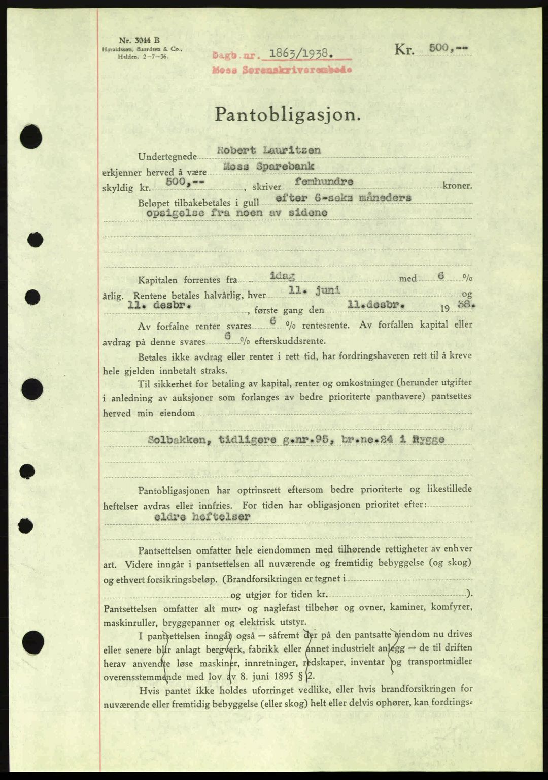 Moss sorenskriveri, SAO/A-10168: Pantebok nr. B6, 1938-1938, Dagboknr: 1863/1938