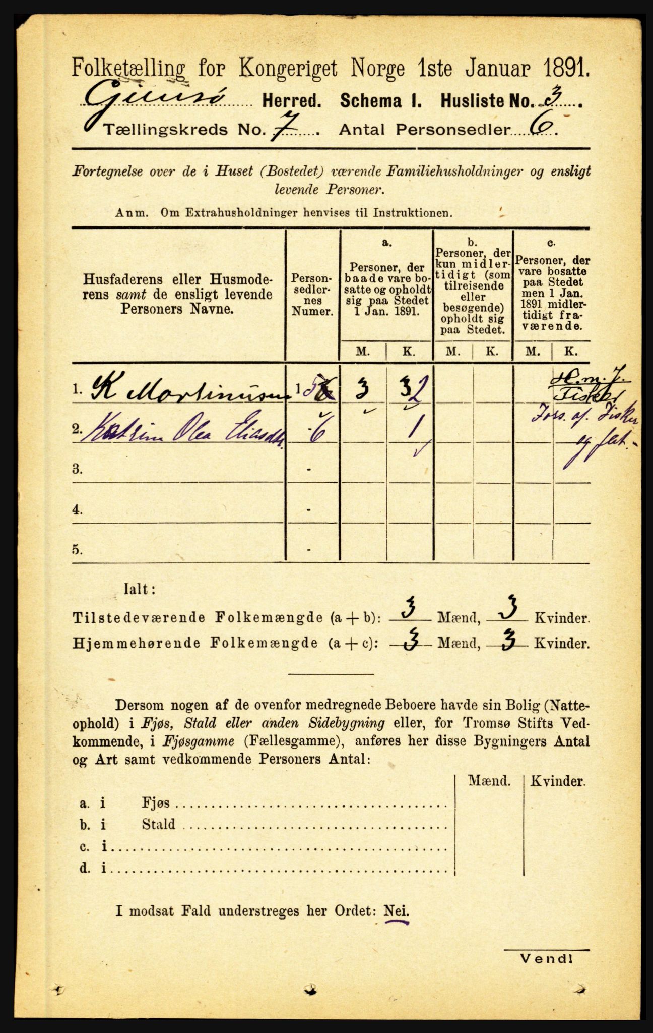 RA, Folketelling 1891 for 1864 Gimsøy herred, 1891, s. 1173