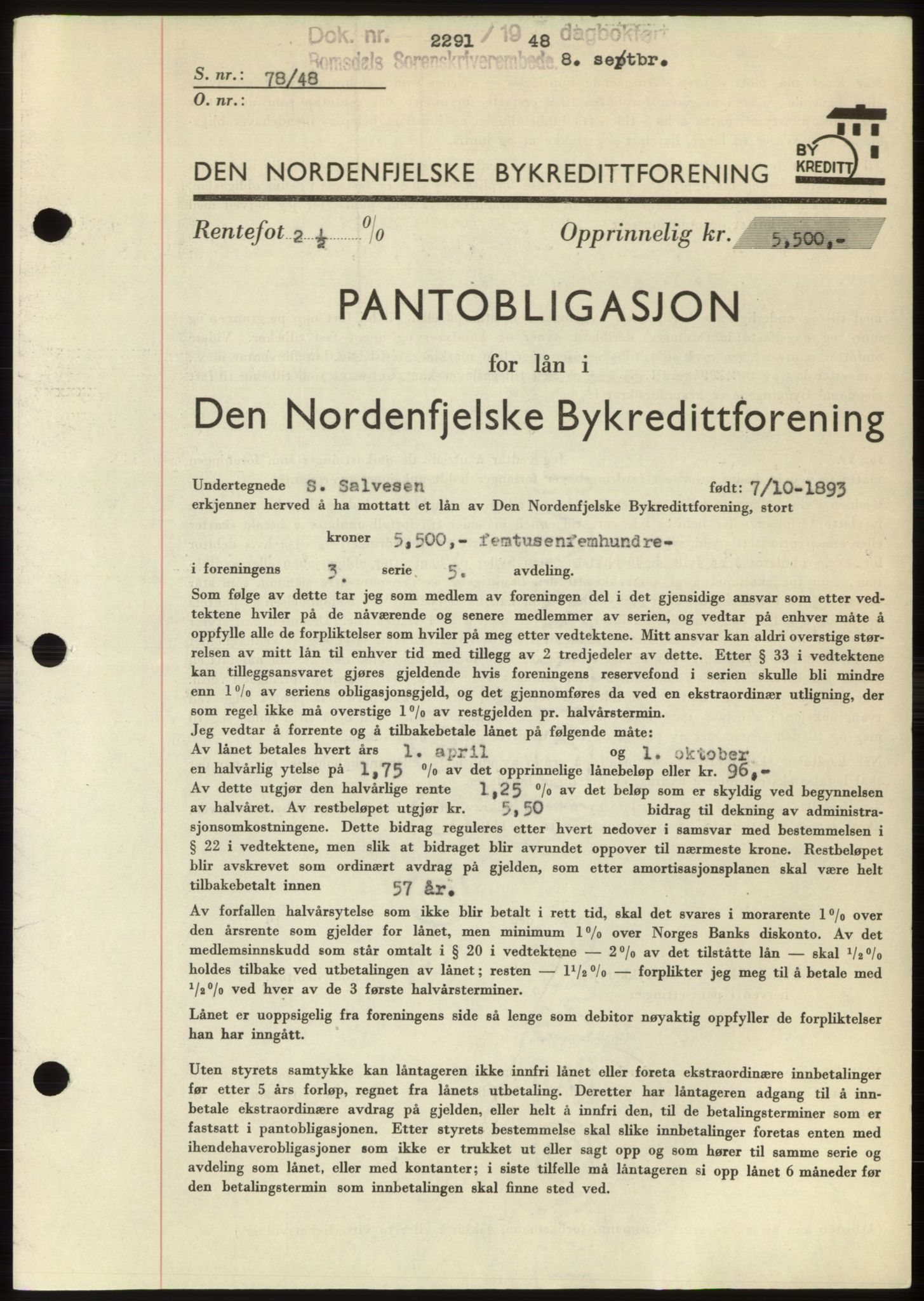 Romsdal sorenskriveri, SAT/A-4149/1/2/2C: Pantebok nr. B4, 1948-1949, Dagboknr: 2291/1948