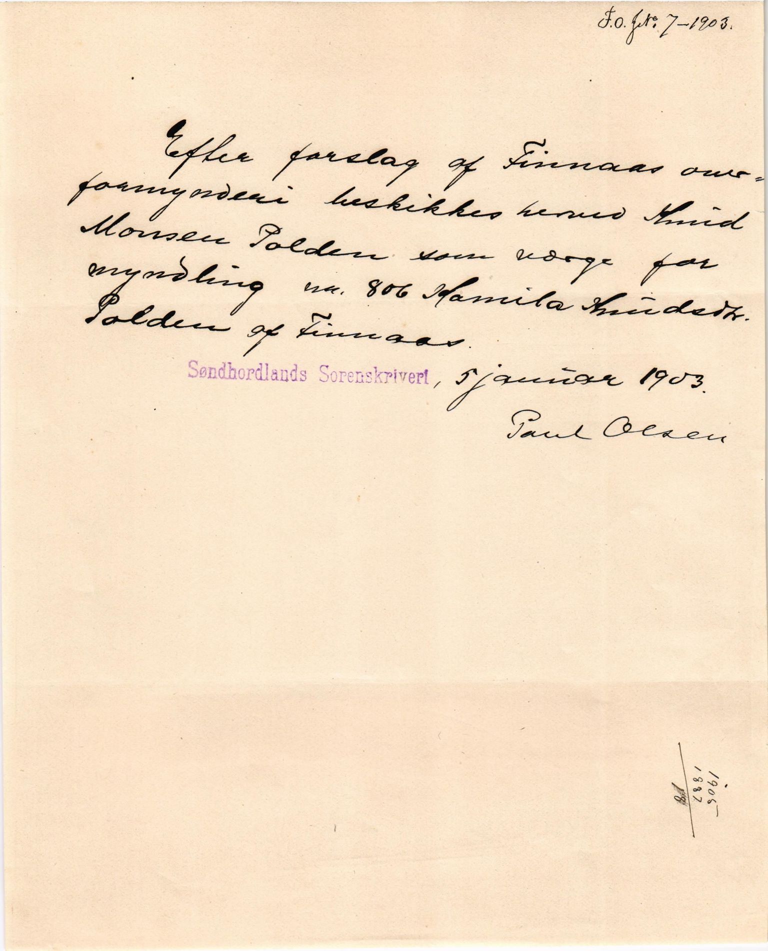 Finnaas kommune. Overformynderiet, IKAH/1218a-812/D/Da/Daa/L0002/0002: Kronologisk ordna korrespondanse / Kronologisk ordna korrespondanse, 1901-1904, s. 108