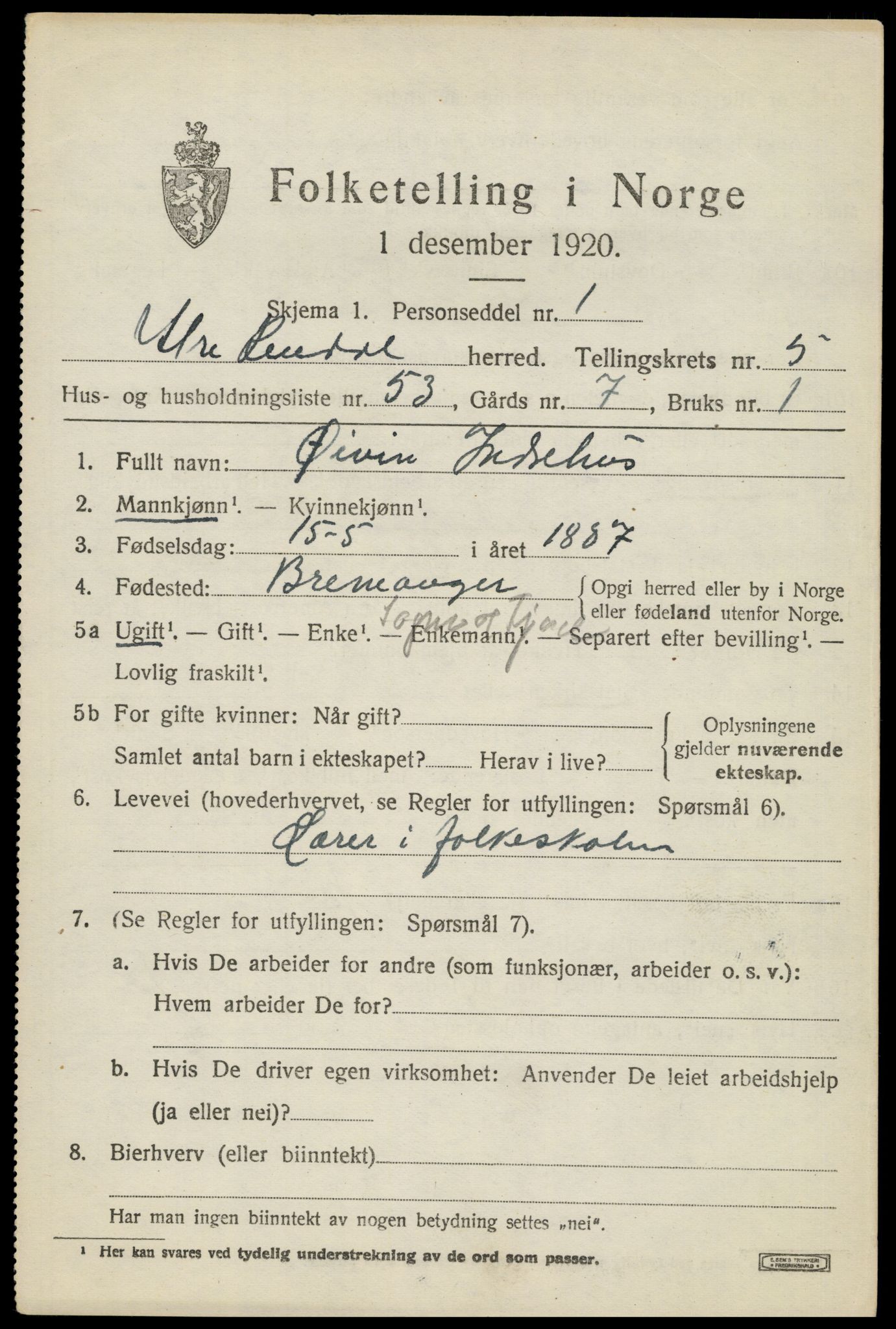 SAH, Folketelling 1920 for 0432 Ytre Rendal herred, 1920, s. 3311
