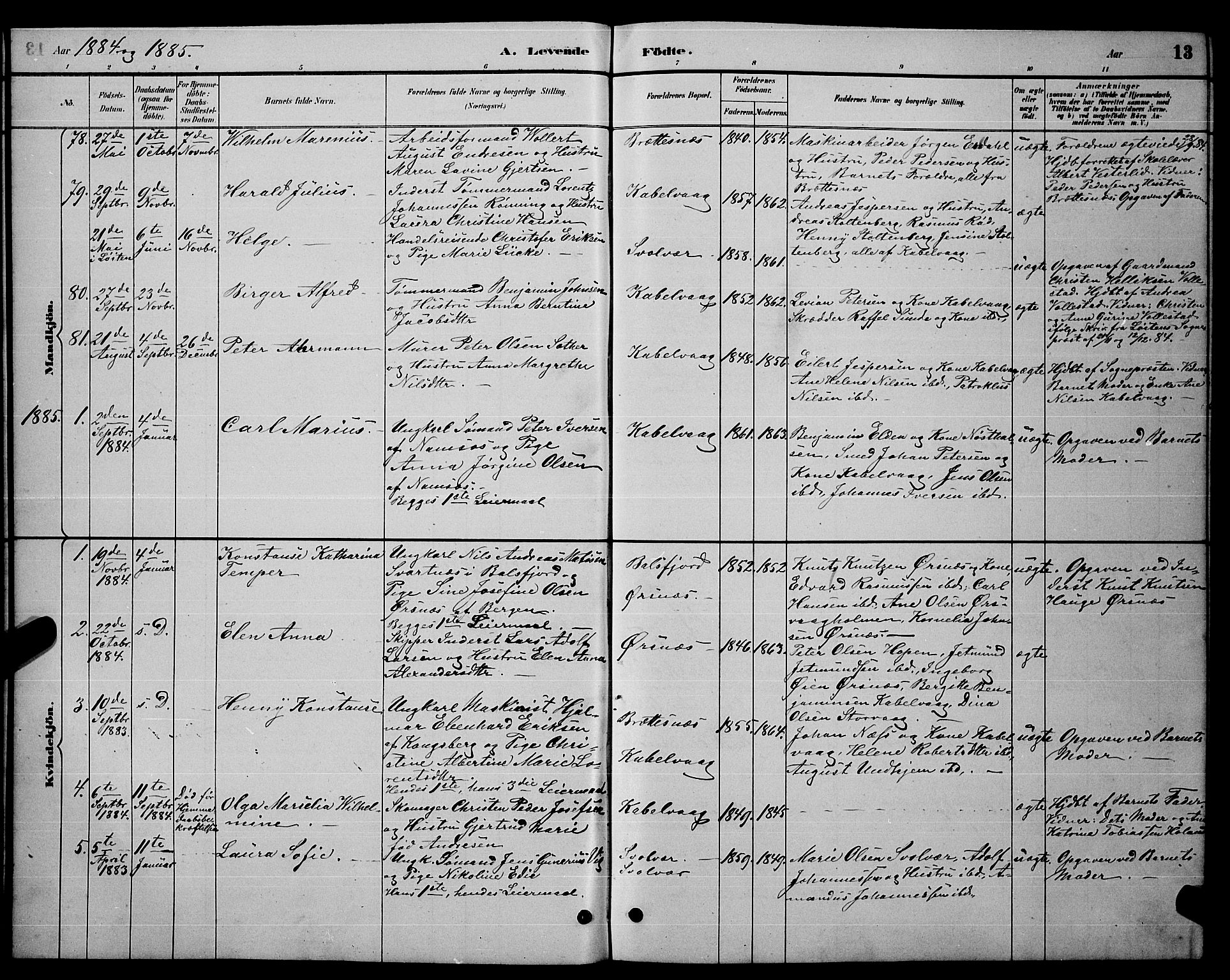 Ministerialprotokoller, klokkerbøker og fødselsregistre - Nordland, SAT/A-1459/874/L1076: Klokkerbok nr. 874C05, 1884-1890, s. 13