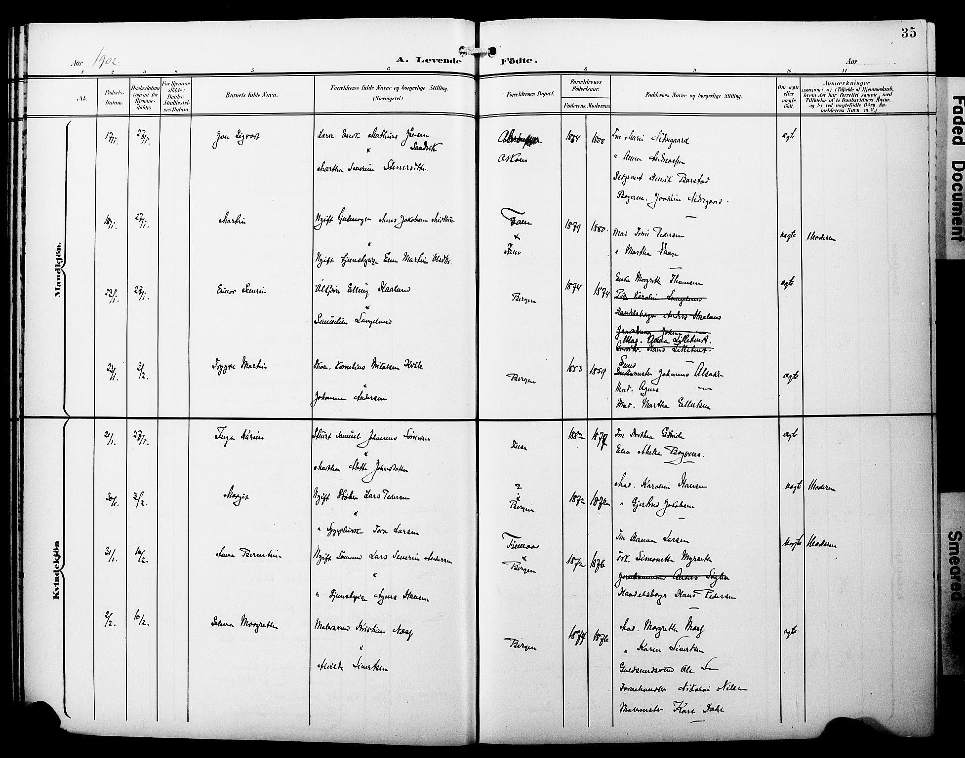 Fødselsstiftelsens sokneprestembete*, SAB/-: Klokkerbok nr. A 1, 1900-1909, s. 35