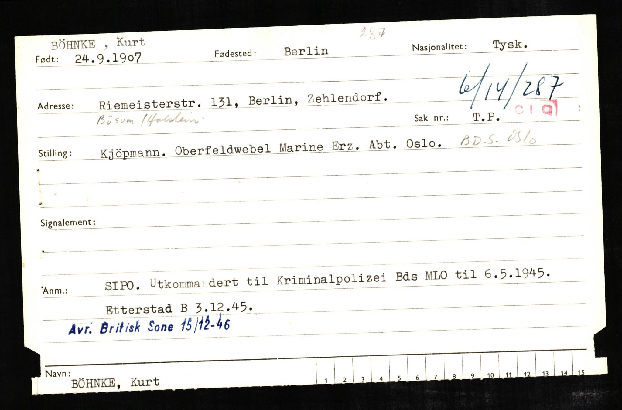 Forsvaret, Forsvarets overkommando II, AV/RA-RAFA-3915/D/Db/L0005: CI Questionaires. Tyske okkupasjonsstyrker i Norge. Tyskere., 1945-1946, s. 121