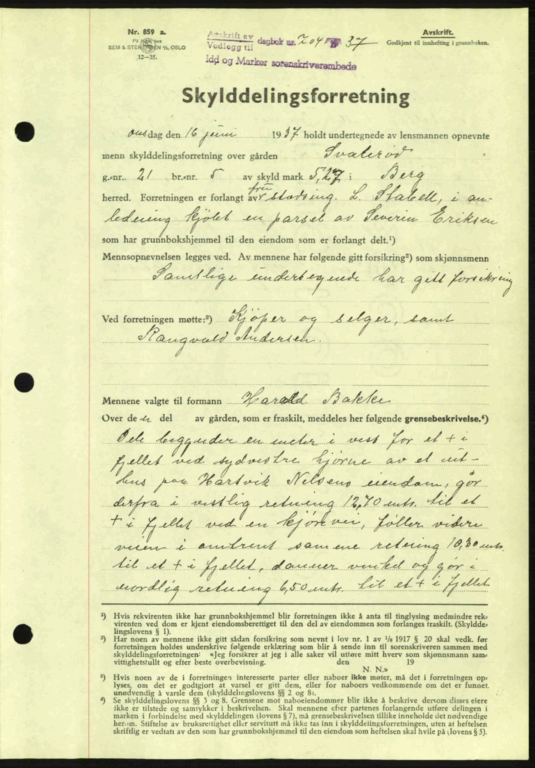 Idd og Marker sorenskriveri, AV/SAO-A-10283/G/Gb/Gbb/L0002: Pantebok nr. A2, 1937-1938, Dagboknr: 704/1937