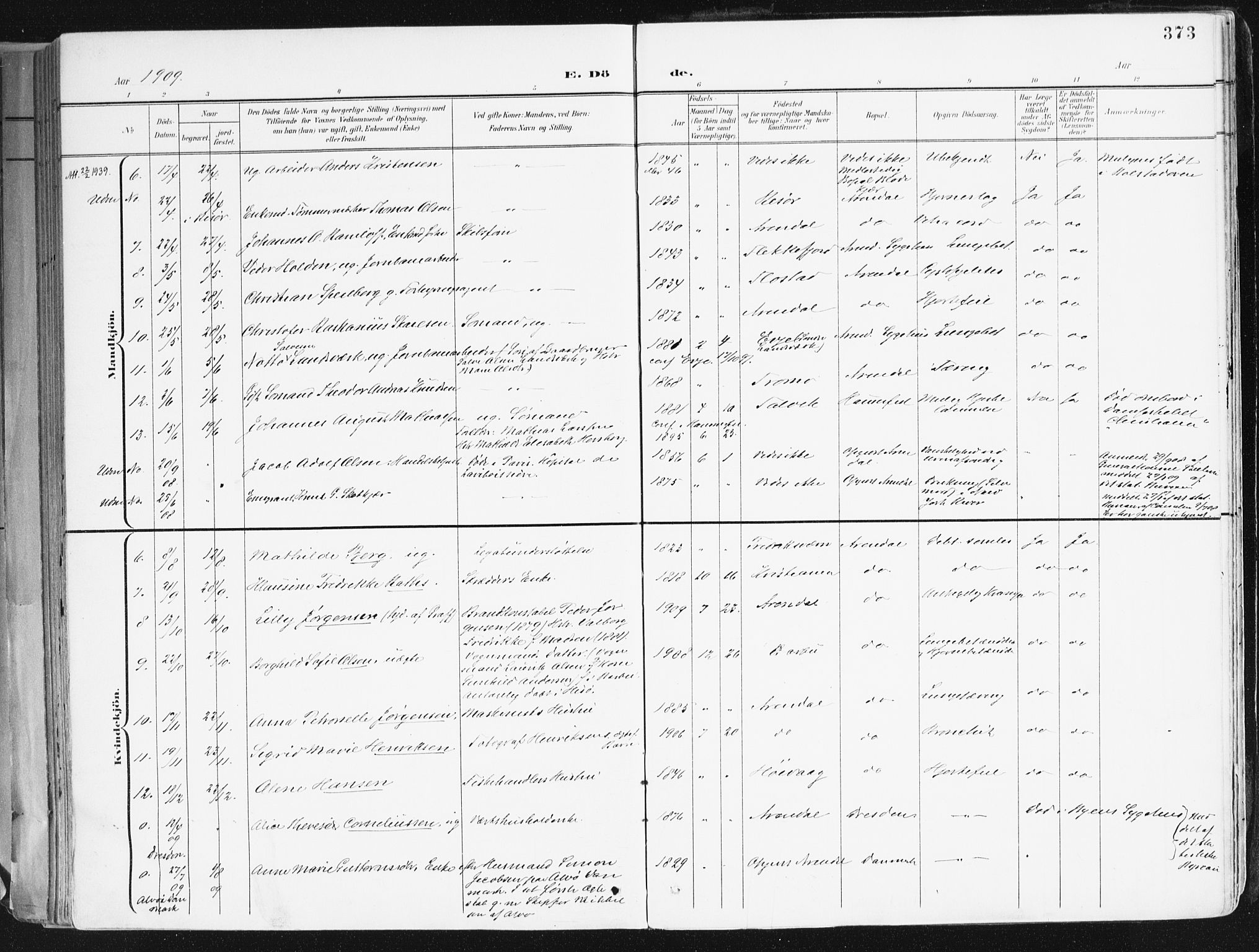 Arendal sokneprestkontor, Trefoldighet, SAK/1111-0040/F/Fa/L0010: Ministerialbok nr. A 10, 1900-1919, s. 373