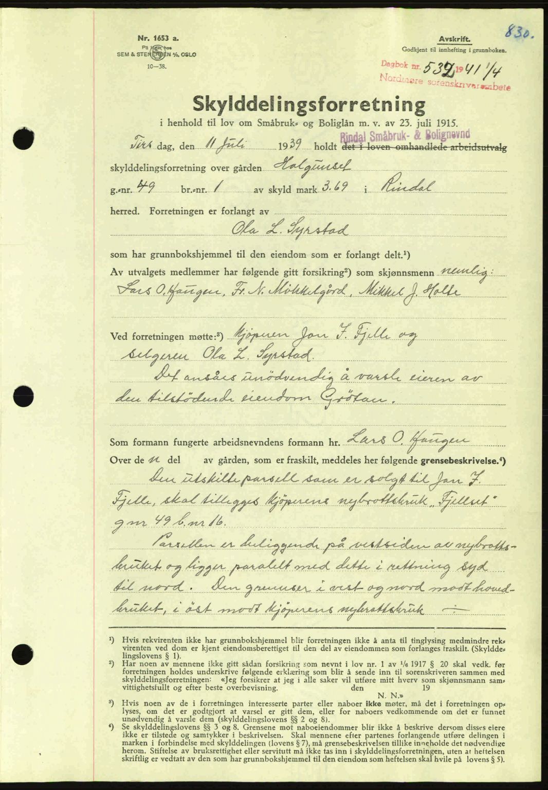 Nordmøre sorenskriveri, SAT/A-4132/1/2/2Ca: Pantebok nr. A89, 1940-1941, Dagboknr: 532/1941