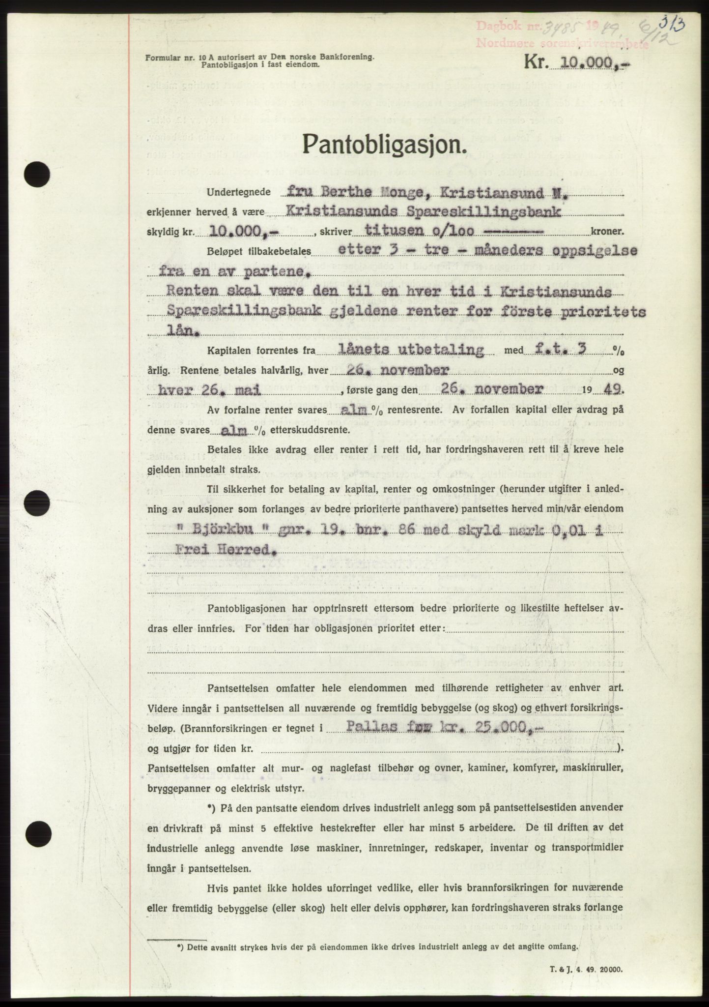 Nordmøre sorenskriveri, SAT/A-4132/1/2/2Ca: Pantebok nr. B103, 1949-1950, Dagboknr: 3485/1949
