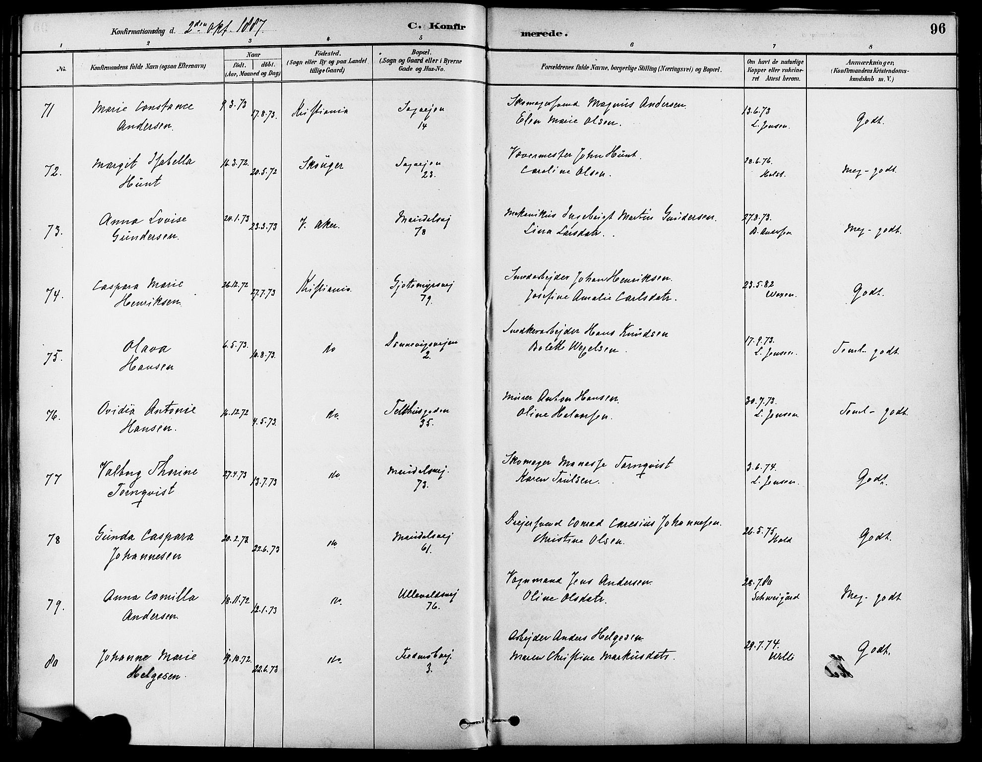 Gamle Aker prestekontor Kirkebøker, AV/SAO-A-10617a/F/L0007: Ministerialbok nr. 7, 1882-1890, s. 96