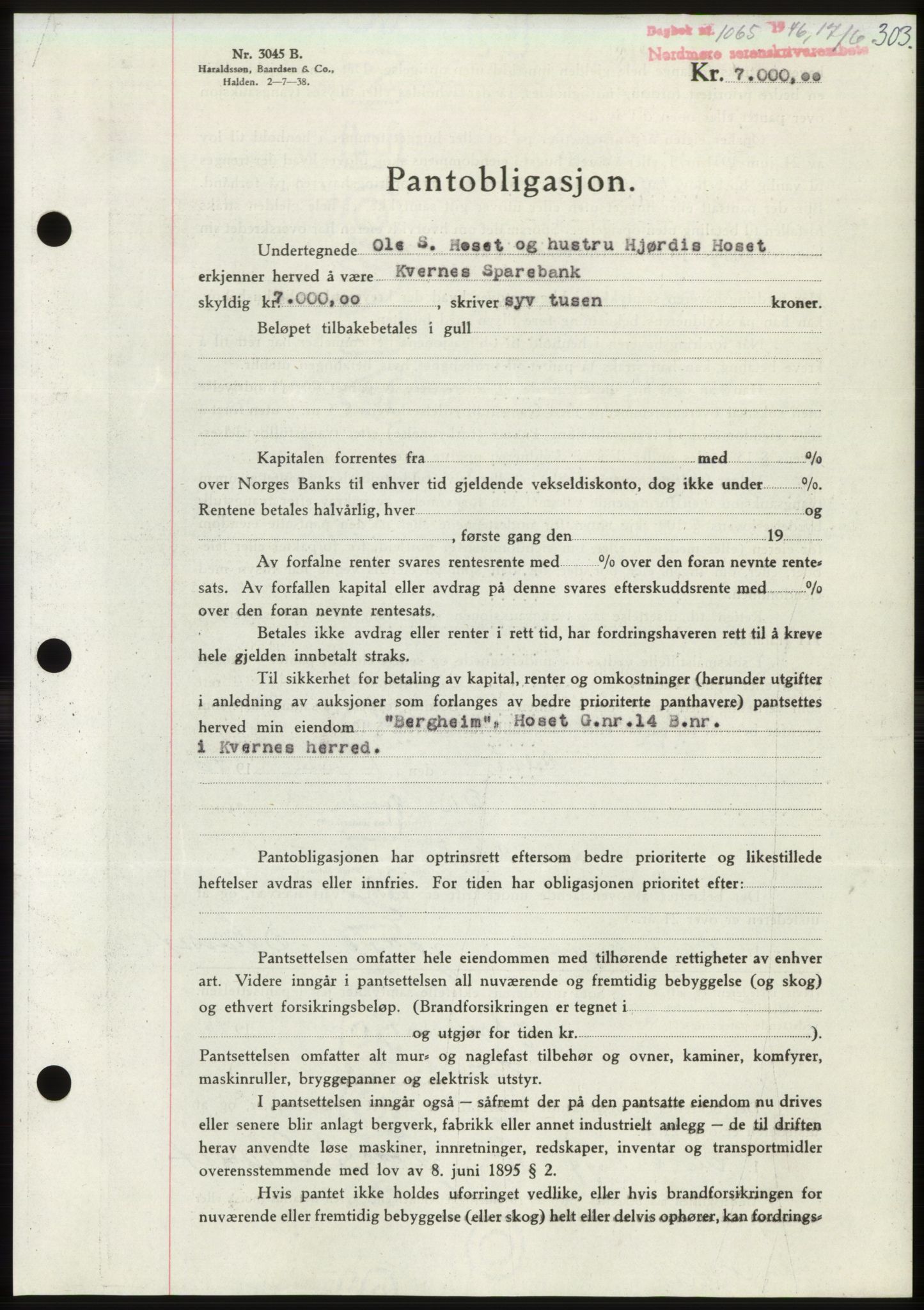 Nordmøre sorenskriveri, SAT/A-4132/1/2/2Ca: Pantebok nr. B94, 1946-1946, Dagboknr: 1065/1946
